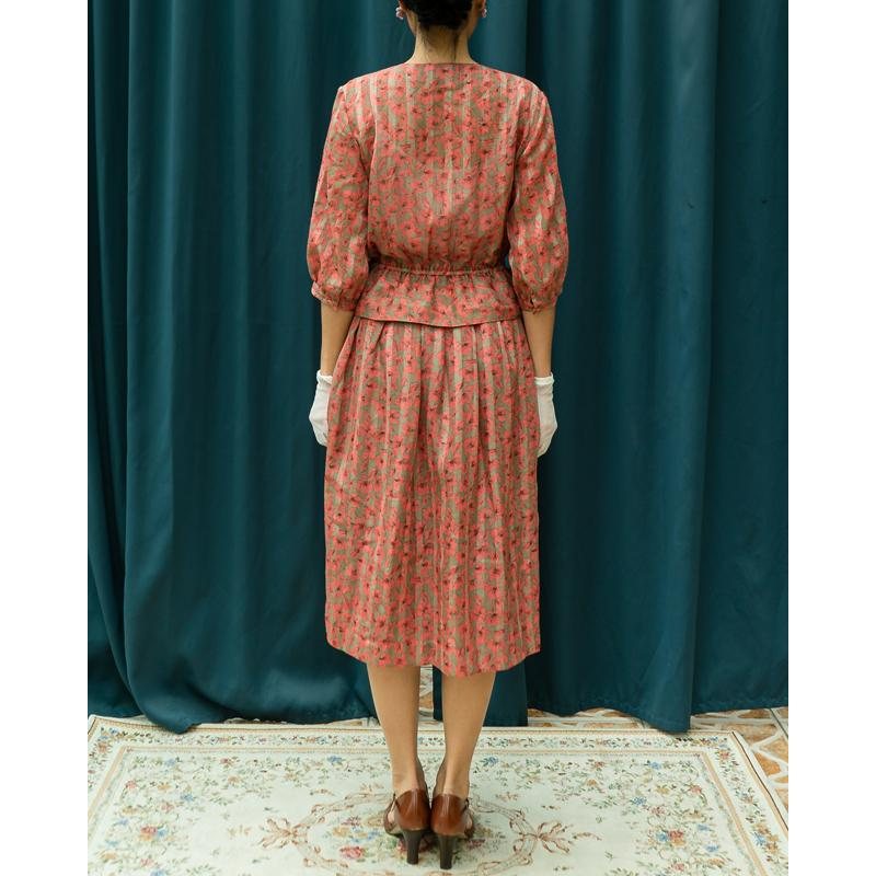 Vintage Japanese Sakura Floral Pattern Peplum Mid-Sleeve Summer Dress (MT1608-64)