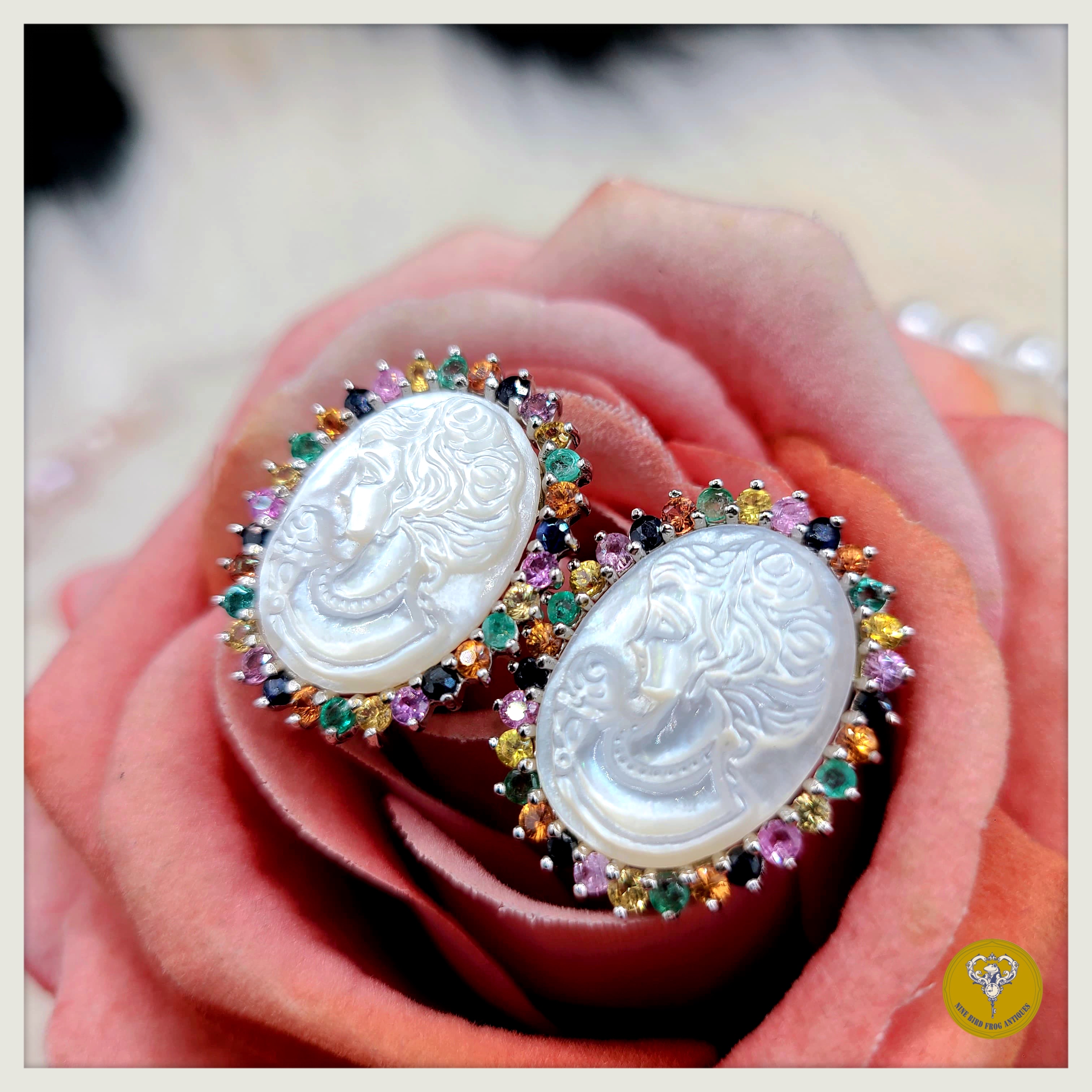 彩色水晶貝母Cameo純銀耳環