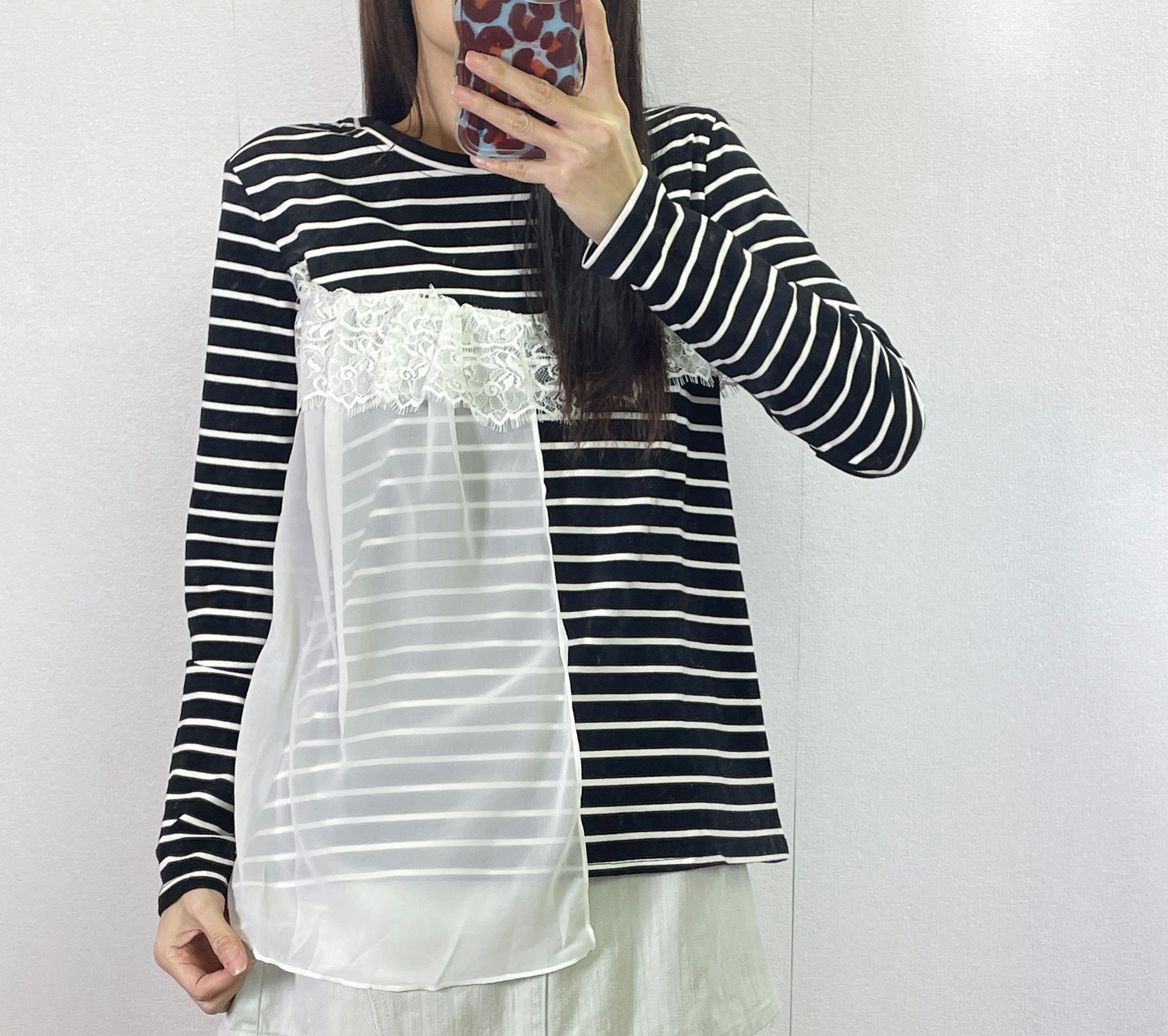 ⭐️Sale⭐️ #10-1187 橫間拼雪紡長袖top