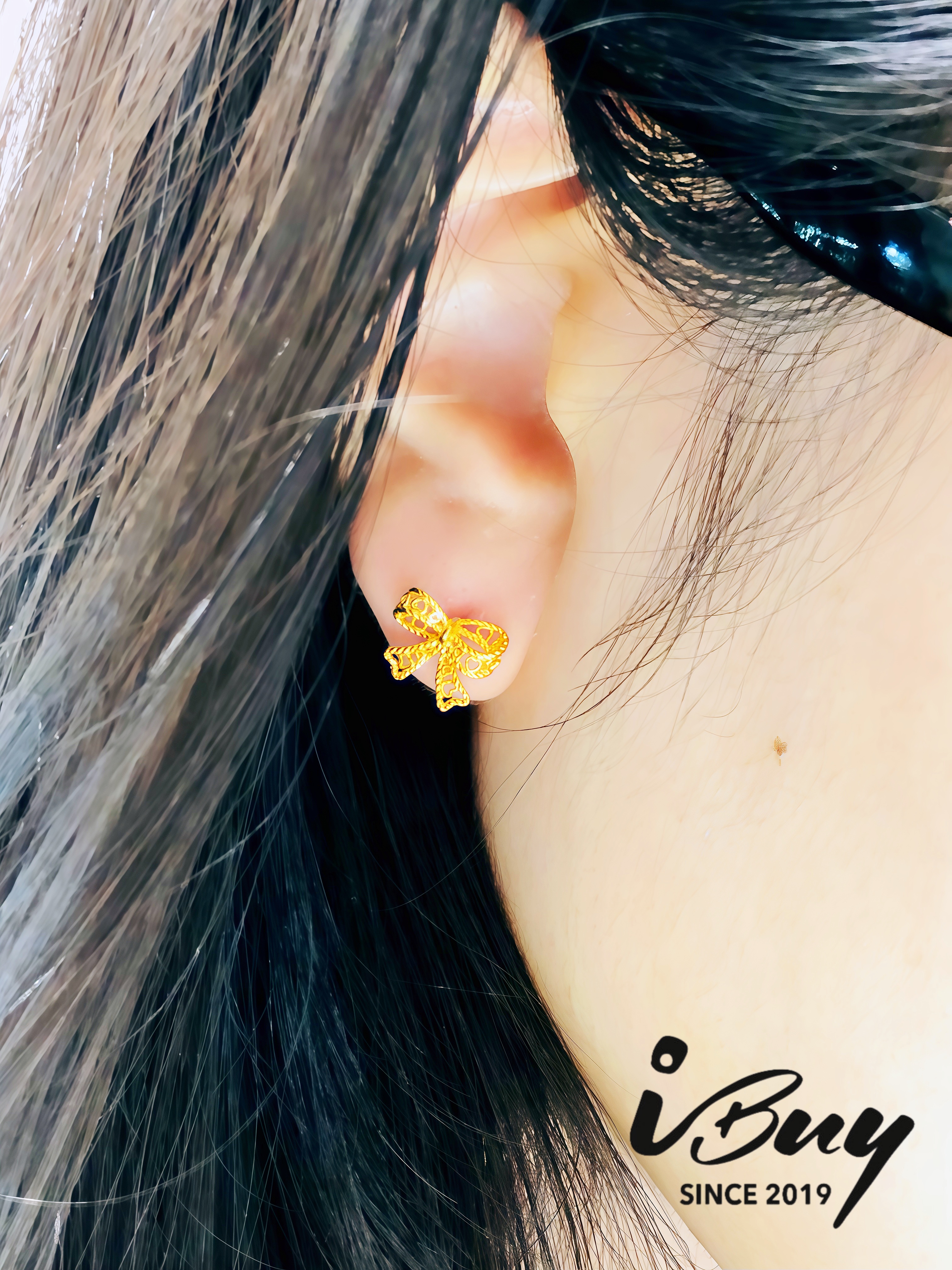 916 GOLD LOVE RIBBON EARRING 916 金 爱心蝴蝶结耳钉