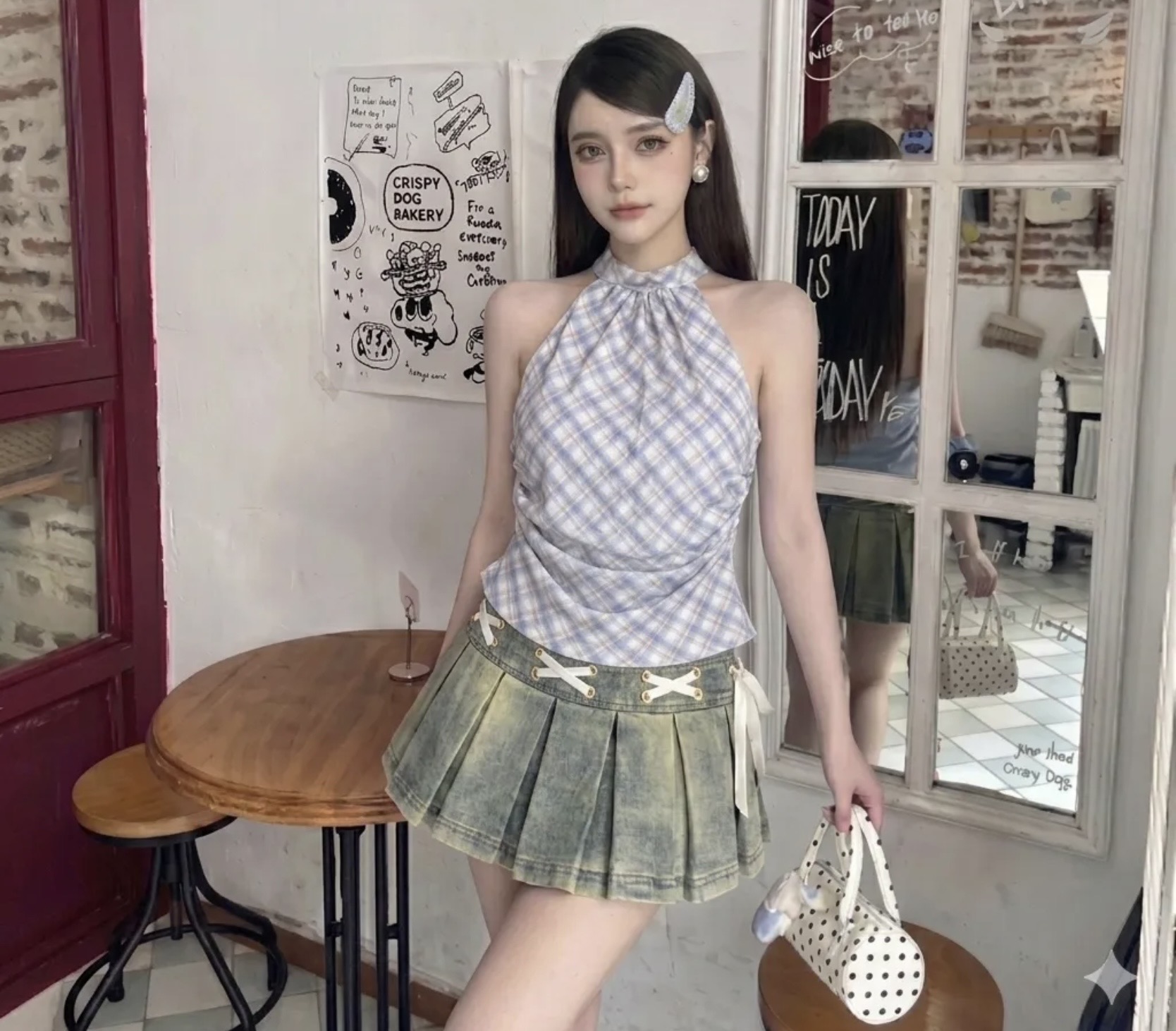 格纹拼接挂脖背心 Plaid Patchwork Halter Top