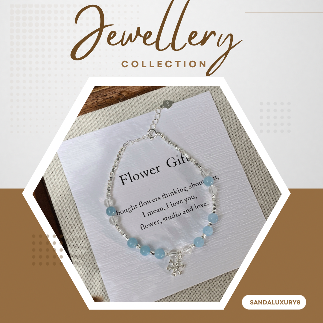 Flower Gift  Silver Bracelet with Blue Crystal Beads and Snowflake Charm