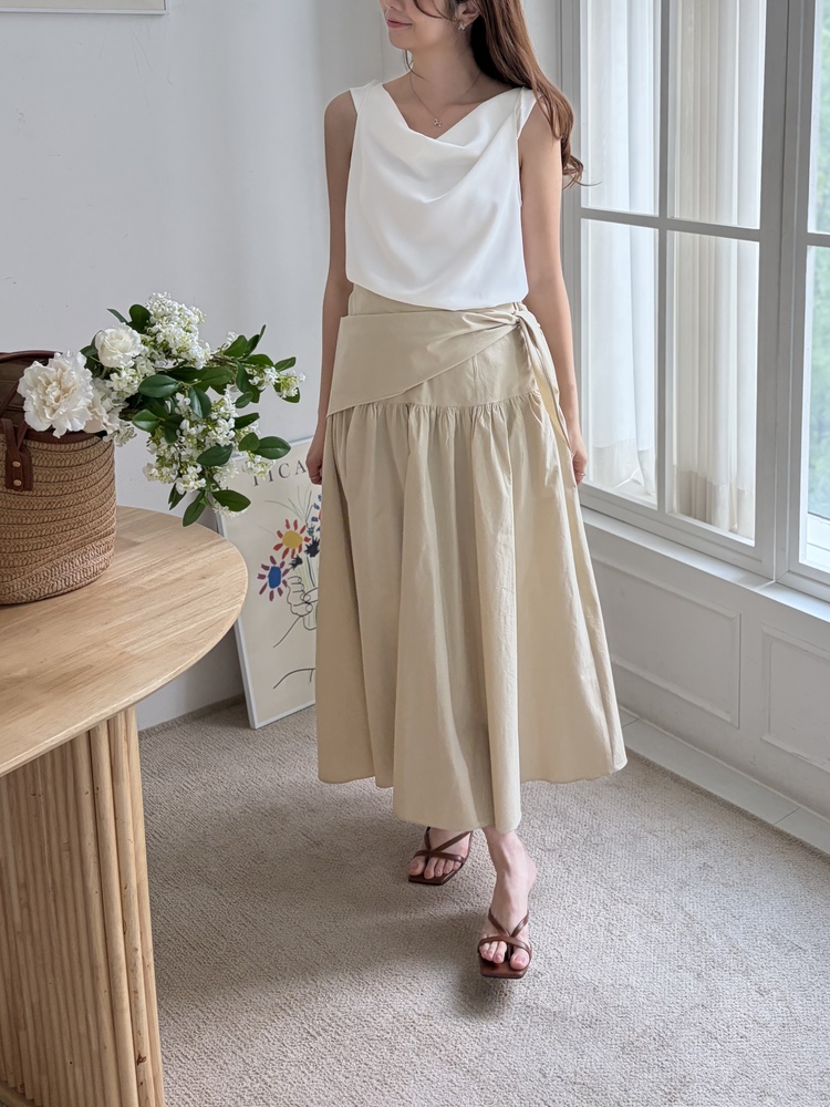 Wrap-Waist Flare Skirt (Beige)