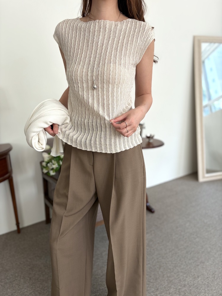 Crochet Boat Neck Knit Top (Oat)