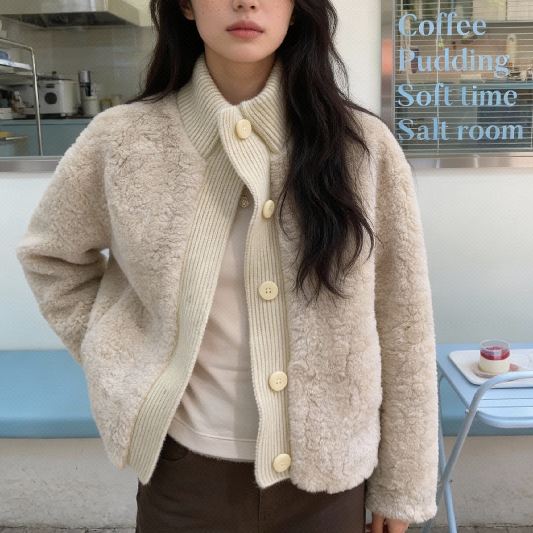 毛絨短版開襟外套 – 羊羔絨大扣子夾克