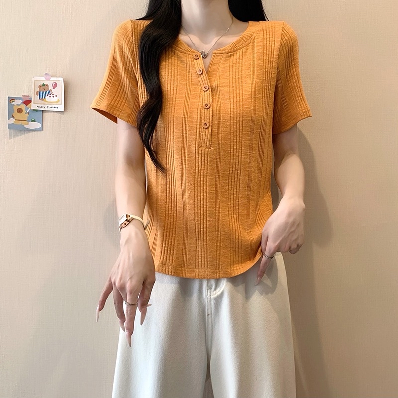 B344(7009) 韩版轻薄透气坑纹显瘦小钮圆尖角领针织5色上衣