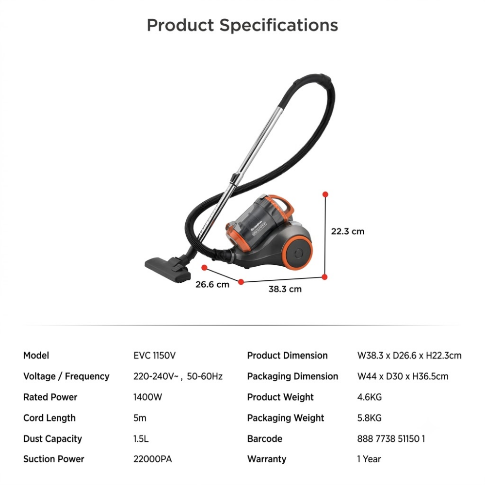 EuropAce 1400W Multi- Cyclone Vacuum Cleaner 22,000PA Suction Power EVC 1150V UO