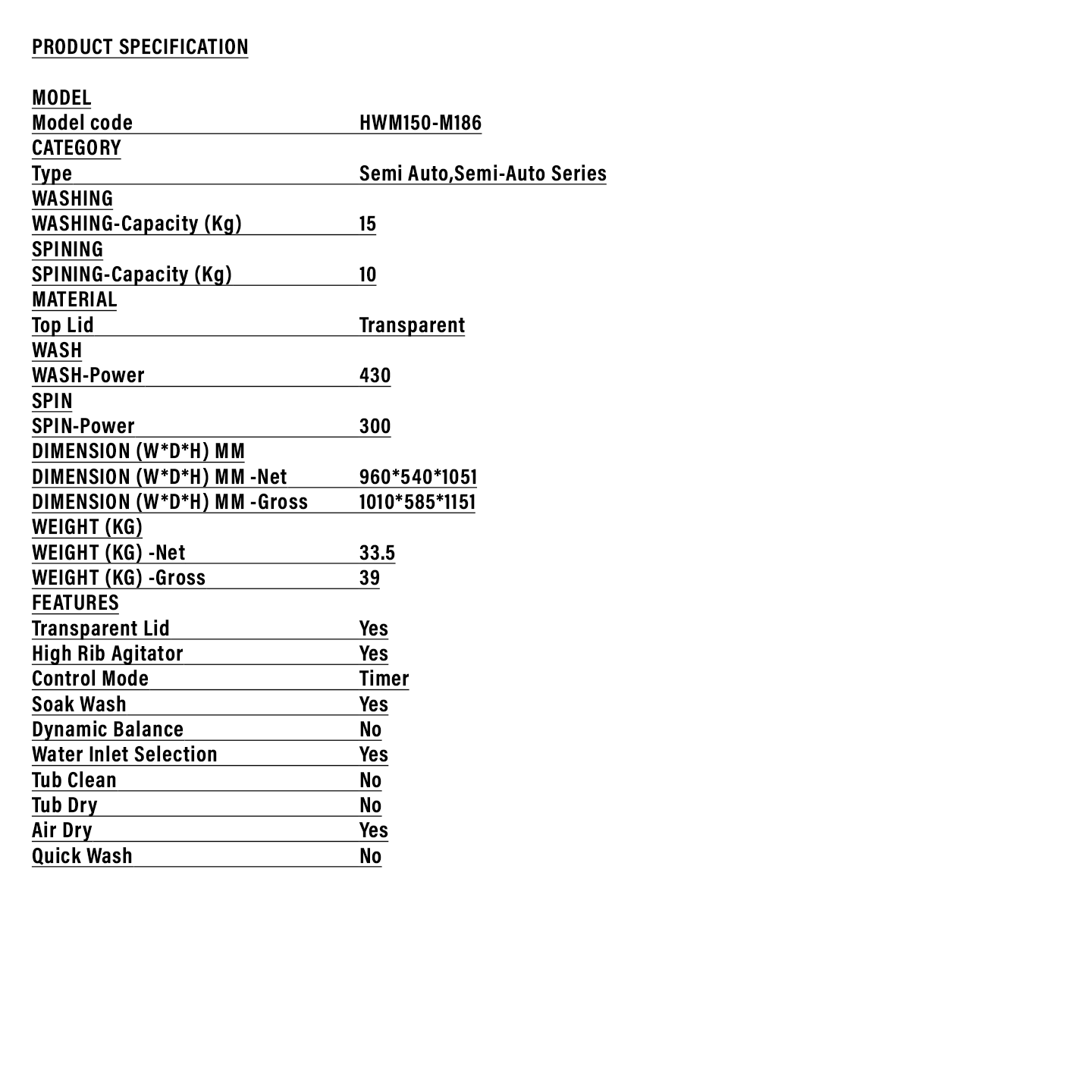 Haier 15kg Semi-Auto Washing Machine (HWM150-M186)