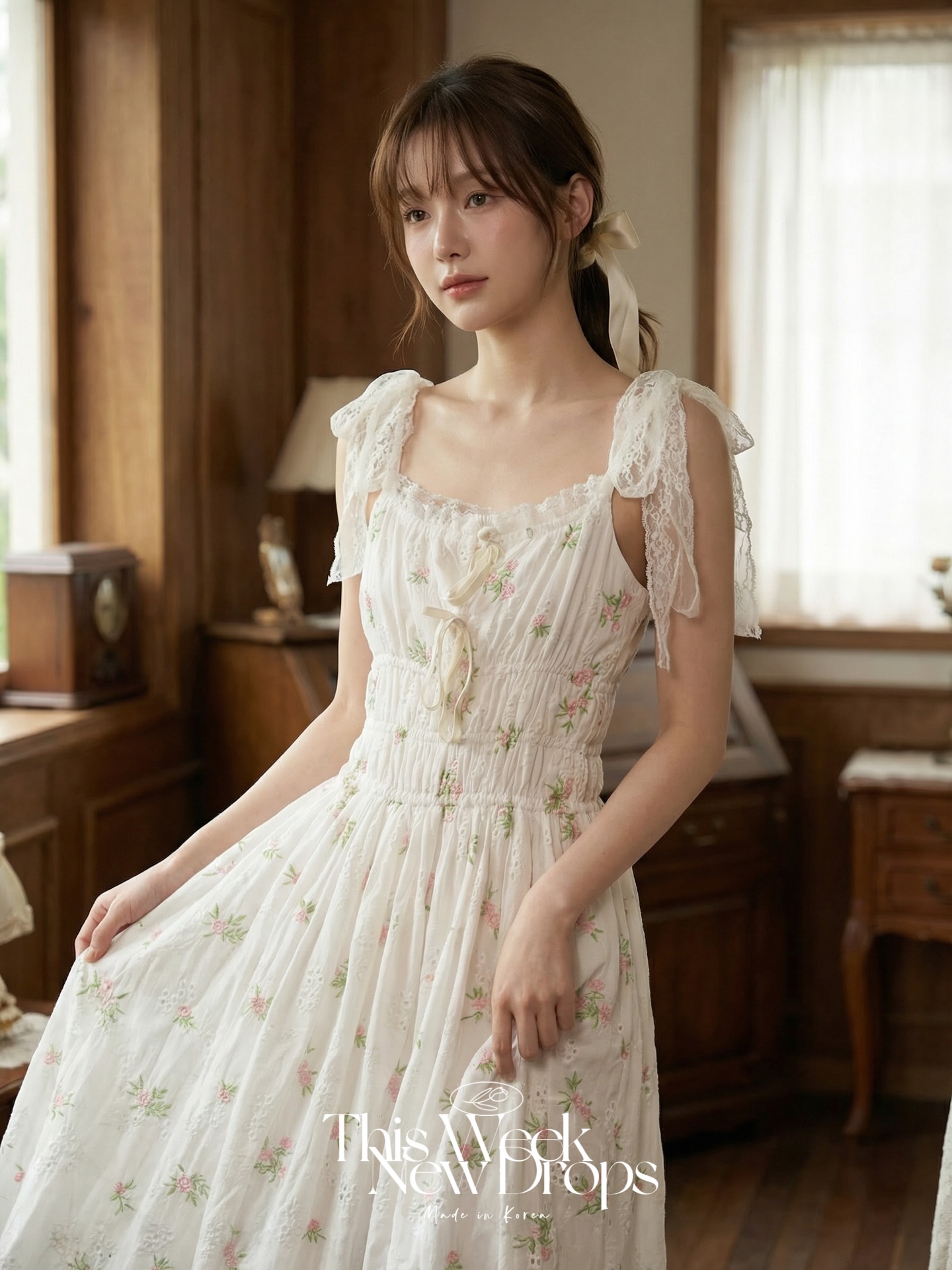 膊頭絲帶碎花吊帶裙