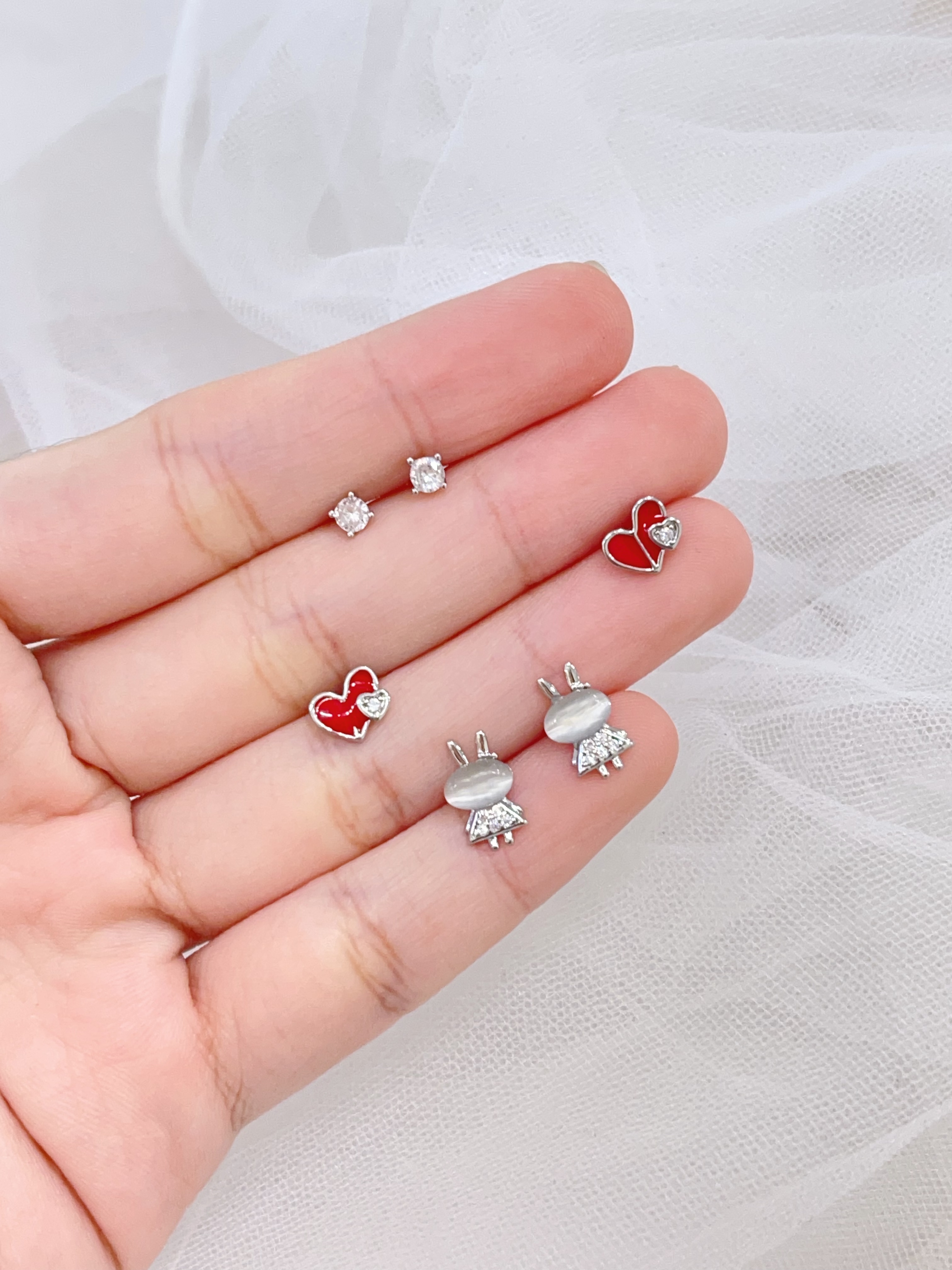 猫眼石小兔子爱心耳环套装