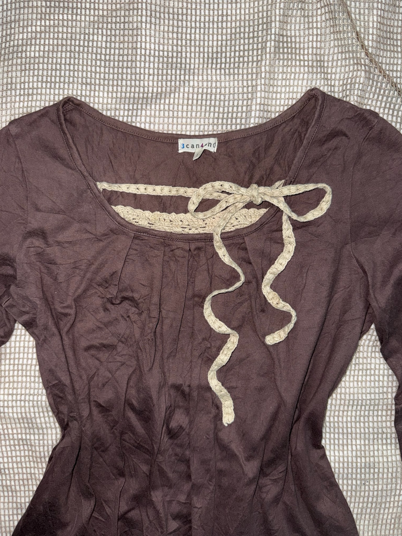 Brown Lace-Trim Long-Sleeved Top