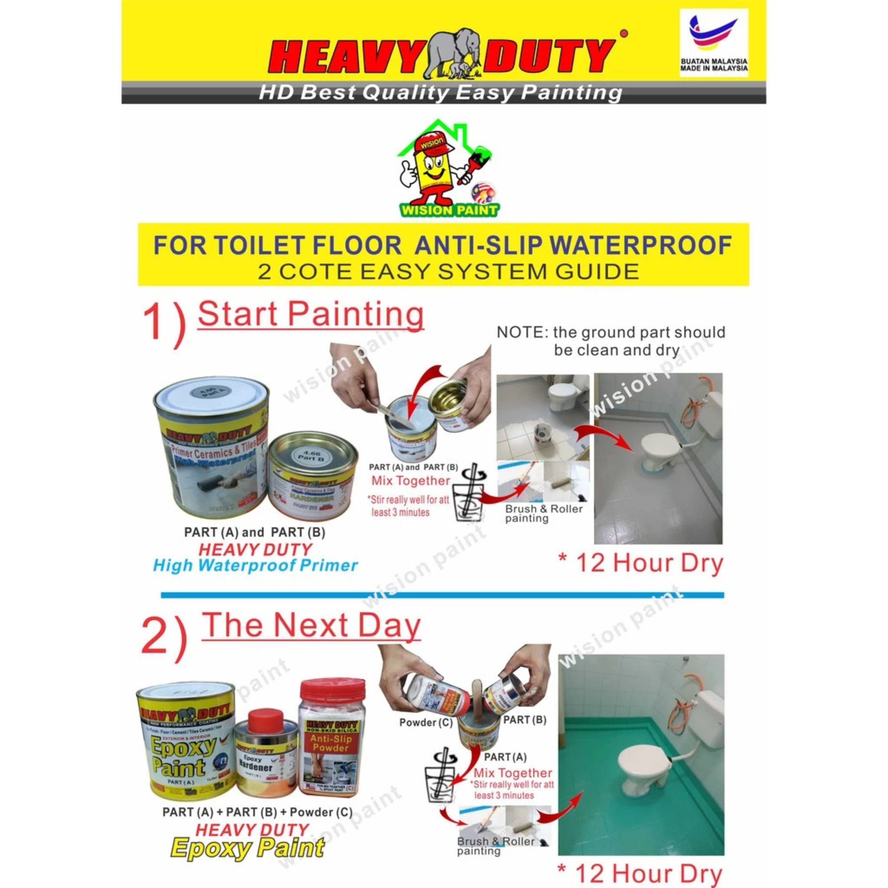 FULL SET (HEAVY DUTY BRAND) Floor Coating (Free Paint Tool Set) 1L Tile Primer + 1L Epoxy Colour + 0.5kg Non-skid Silic