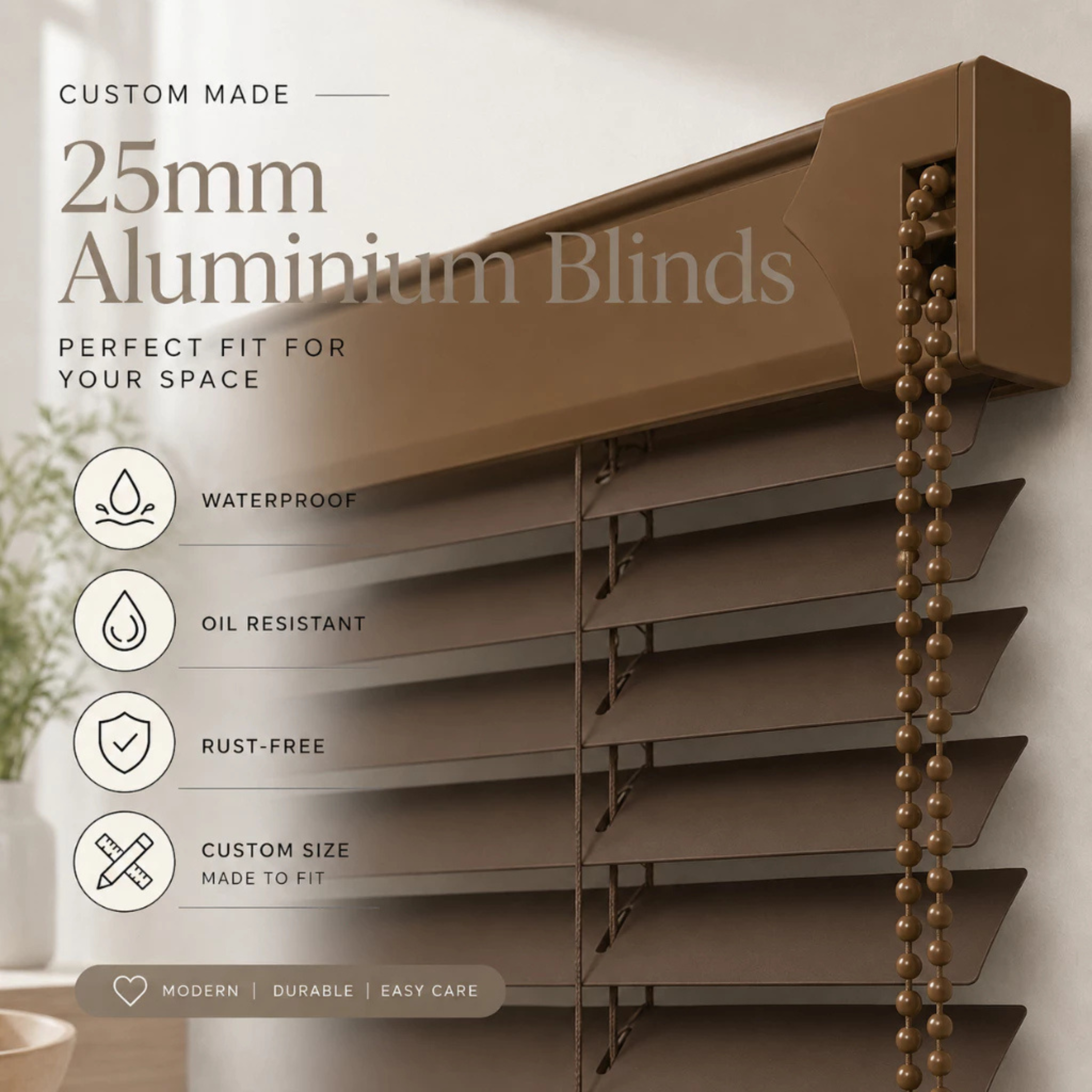 Custom 25mm Aluminium Venetian Blind | Heat Resistant | Friendly Use | Free Consultation | New Rolling System