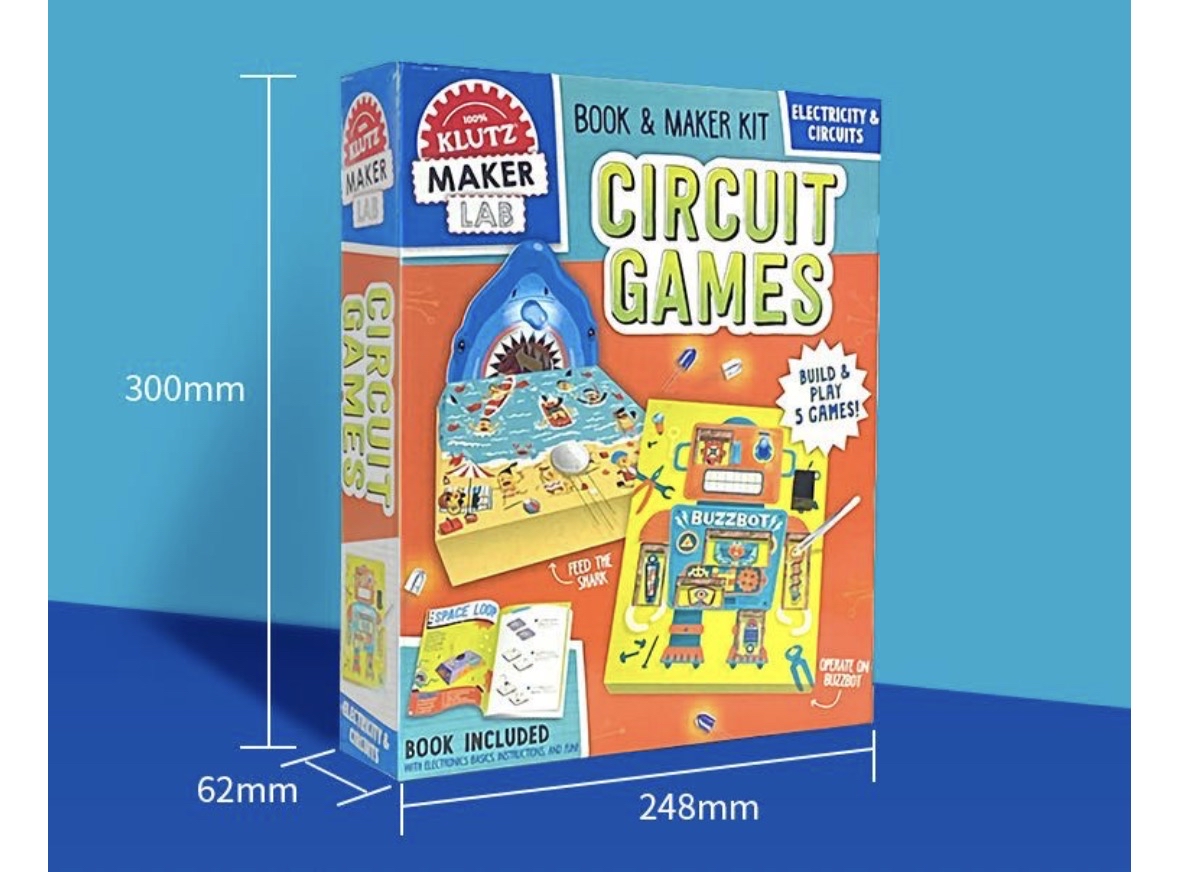 Circuit Games.KLUTZ MAKER LAB: ELECTRICITY & CIRCUITS 副標題是：BUILD & PLAY 5 GAMES! 內含FEED THE SHARK、SPACE LOOP、OPERATE ON BUZZBOT等遊戲。
