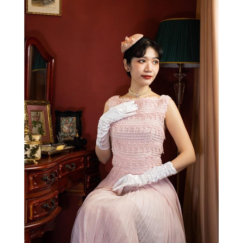 Original 1950s American Carlye Pink Chiffon Summer Day Party Dress (MU107-7)