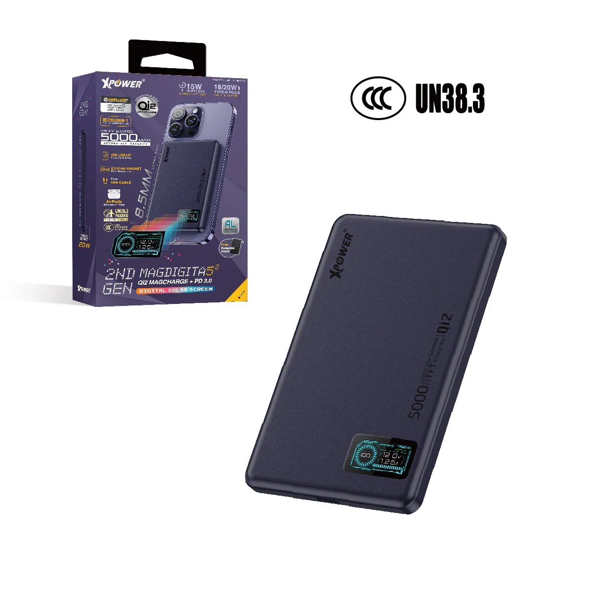 (3C認證版)(鋁合金面)XPower MagDigita5² 第2代彩屏顯示磨沙玻璃外殼 5000mAh PD3.0+QI2 磁吸移動電源