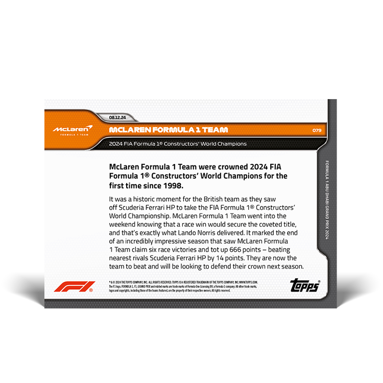 McLaren Formula 1 Team - 2024 F1 Topps NOW® #79 Abu Dhabi GP 2024車隊世界冠軍卡｜PR 2,519