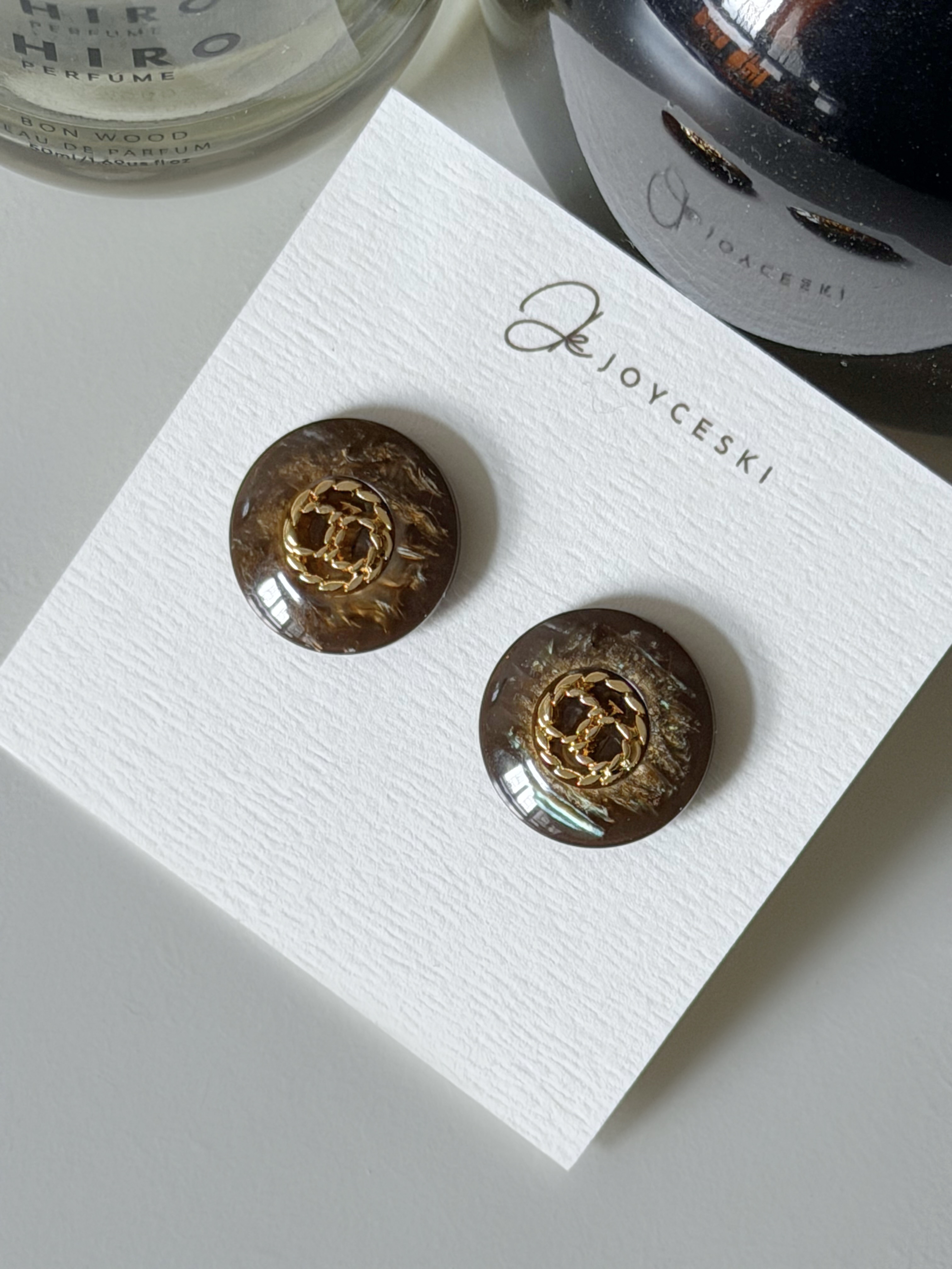 日本鈕扣耳環/幻彩棕