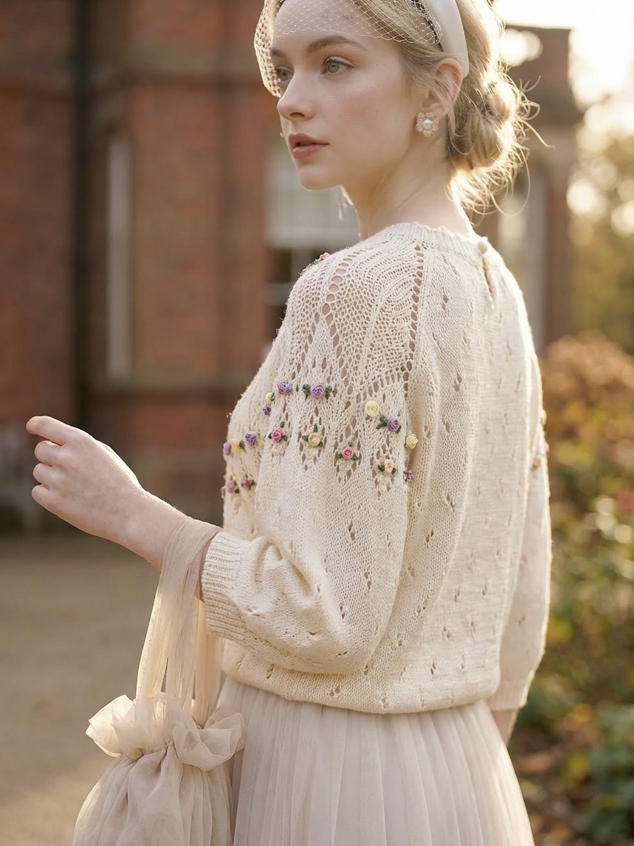 Stumpwork維多利亞手工立體刺繡小花仙子圓領針織