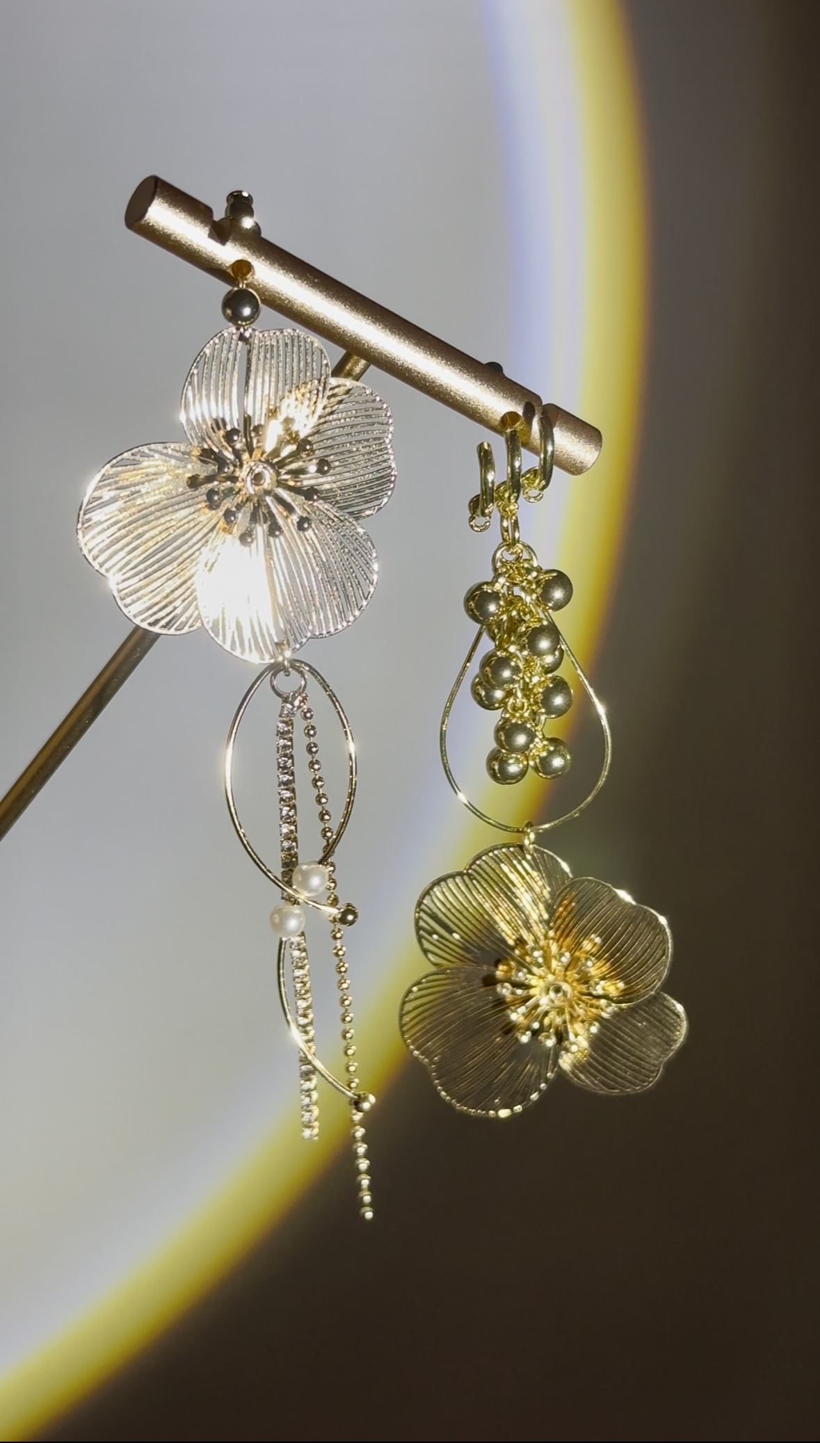 日系鴛鴦銀絲花耳環(金)