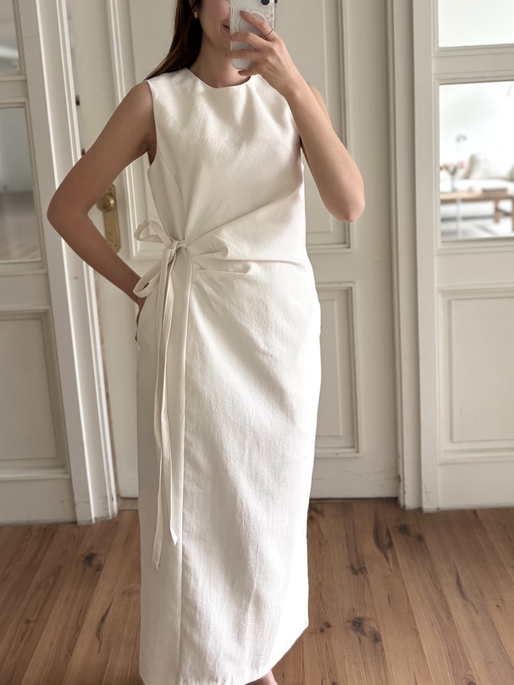 Gathered Waist Tie Dress (Ivory)