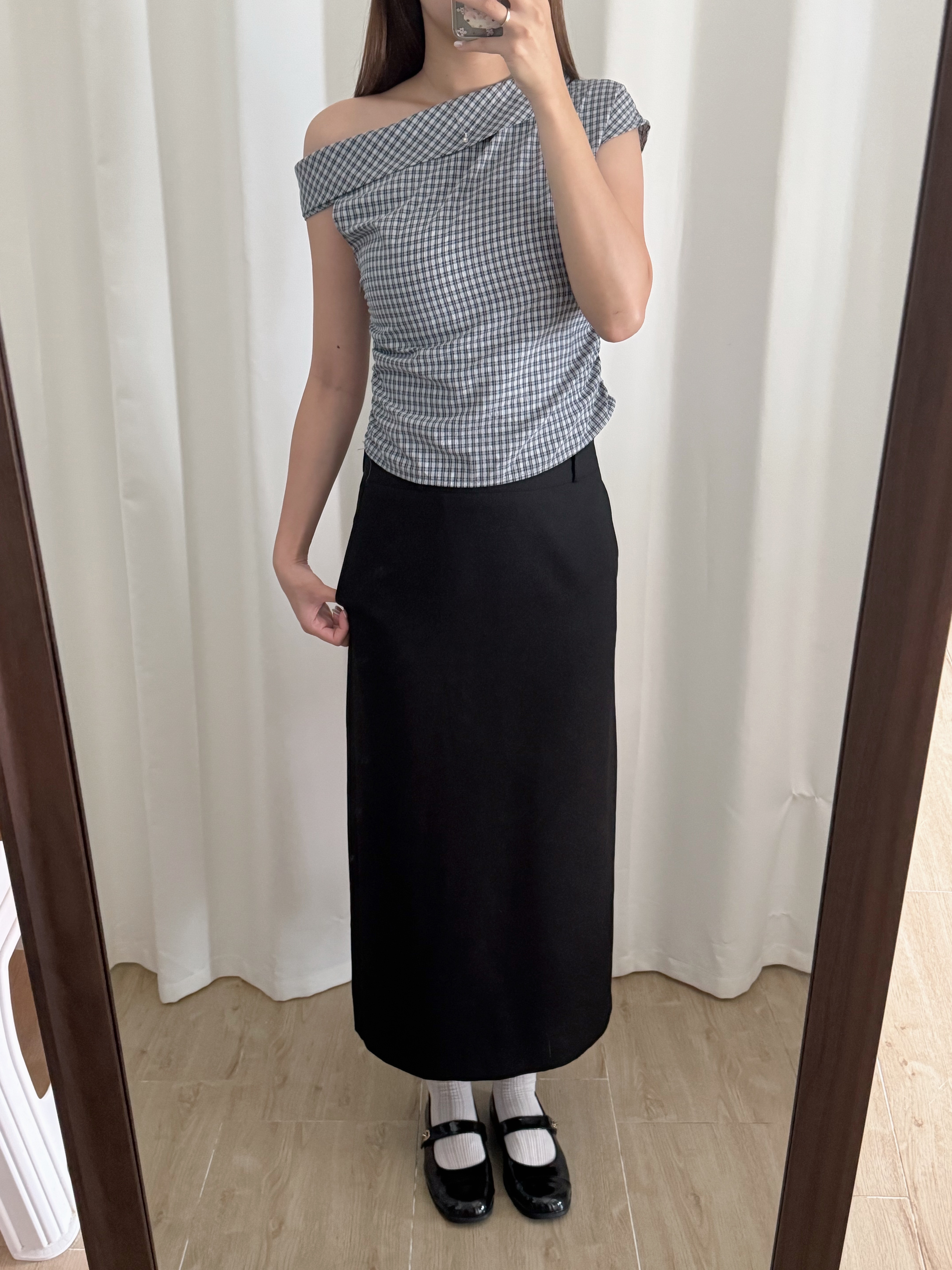 格子斜肩短袖上衣(兩色入)