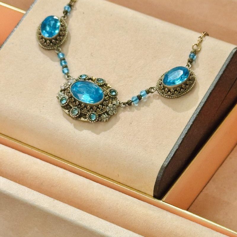 Antique Czechoslovakian 1920s Or Earlier Hand Bezel Set Blue Glass Filigree Necklace (C003)