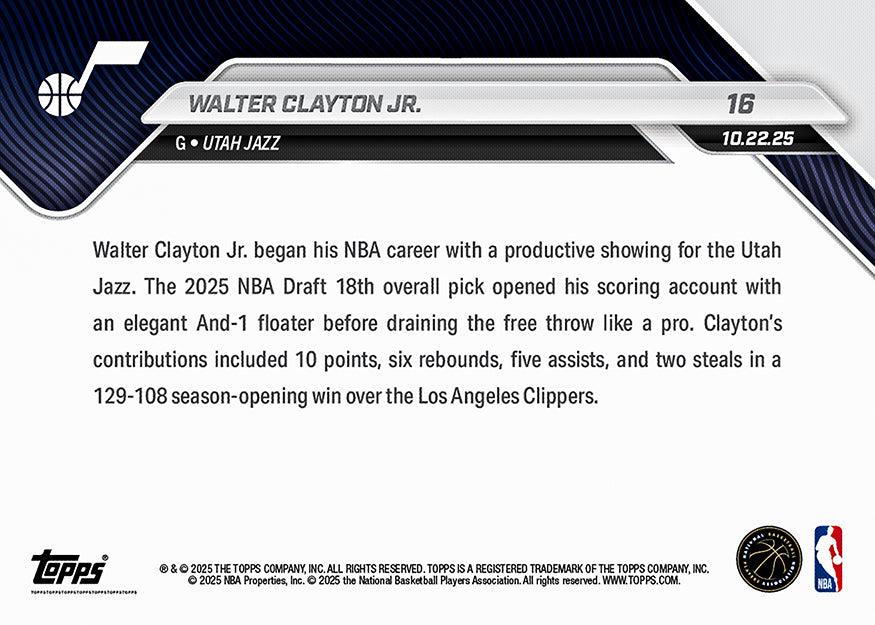 Walter Clayton Jr. RC - 2025-26 NBA Topps NOW® #16 Utah Jazz 新人卡｜PR 764
