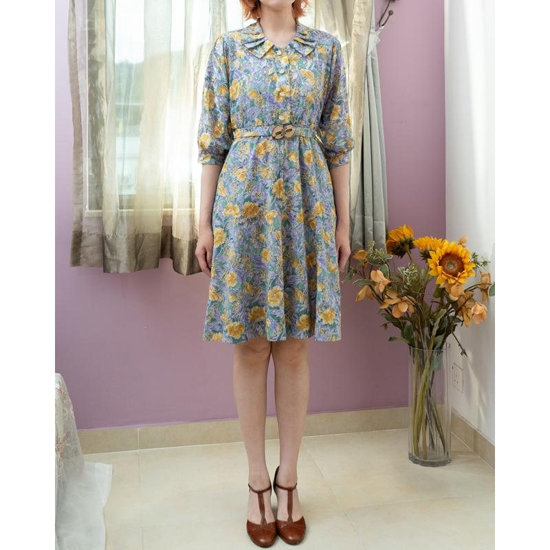 Vintage Japanese Floral Pleated Collar Chiffon Texture Day Dress with Original Belt (MT1840-19)