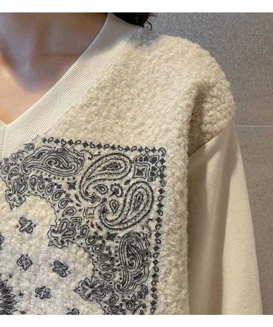 V 領腰果花薄羔毛Top