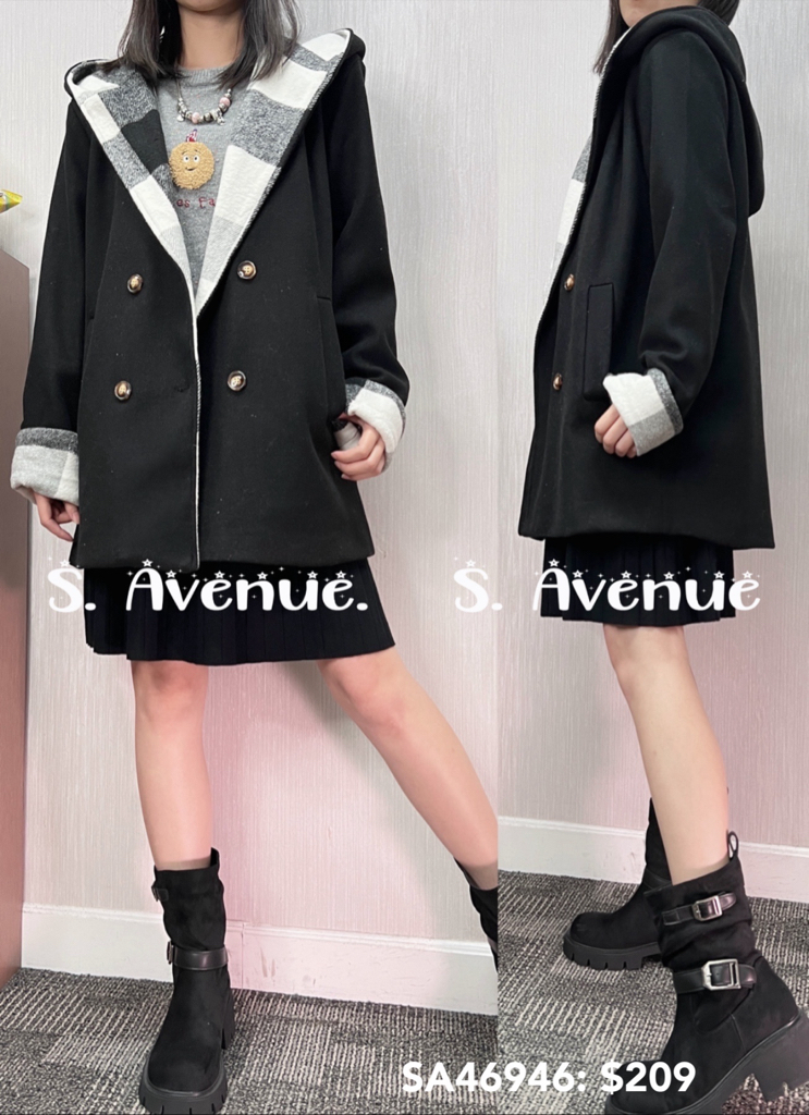 SA46946: 長袖有帽格仔邊雙鈕絨褸