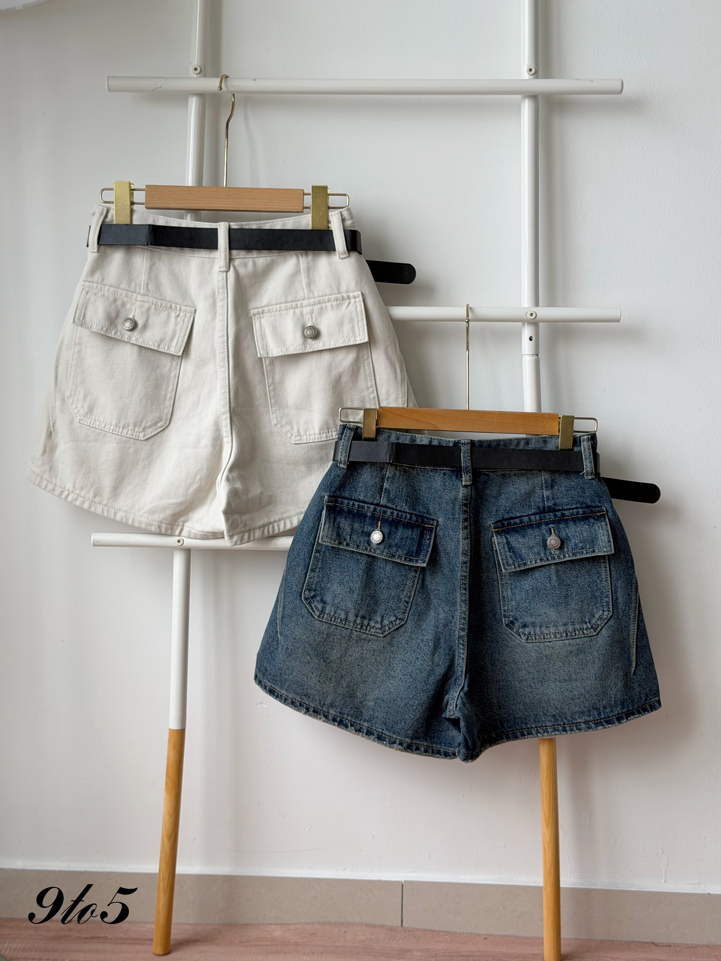 S2017 A Line Denim Short Pants - Beige & Blue