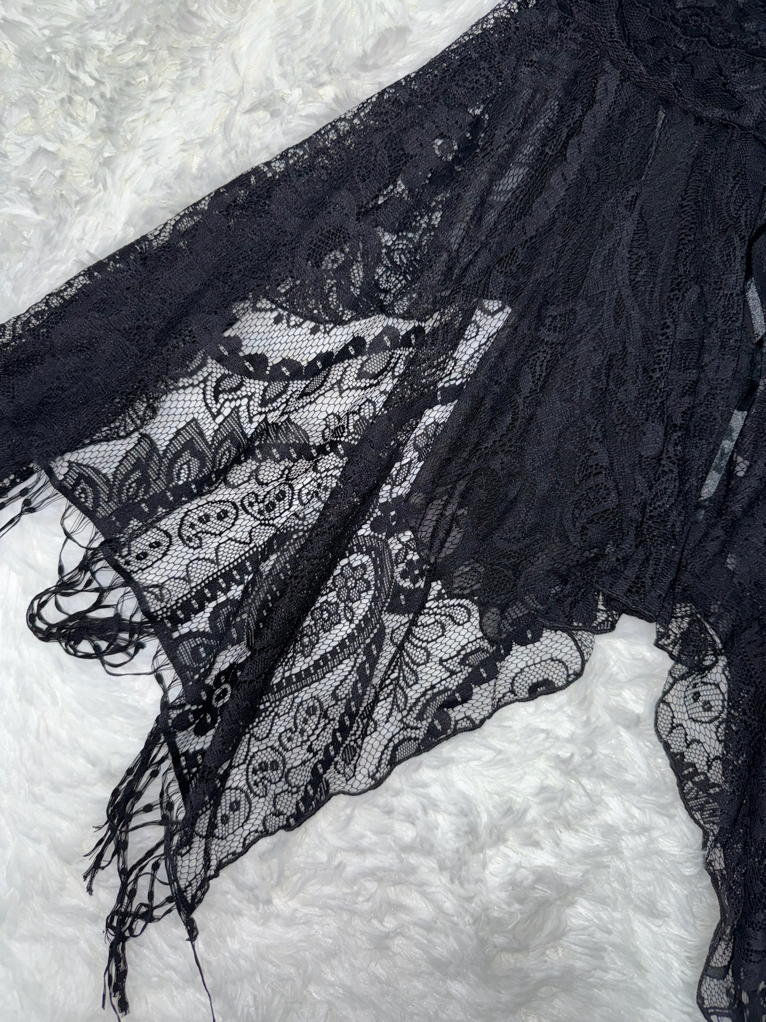 Sheer Black Lace Ghost Dress with Tiered Asymmetric Hem and Ribbon Detail