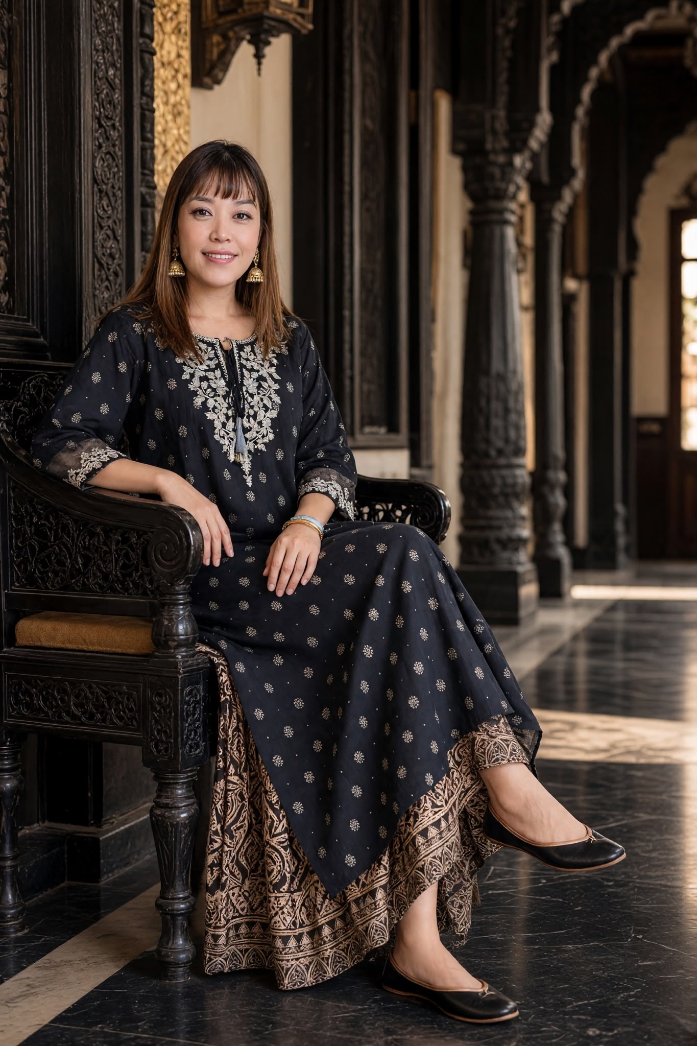 3574 Black Lace Mid Sleeve Kurta