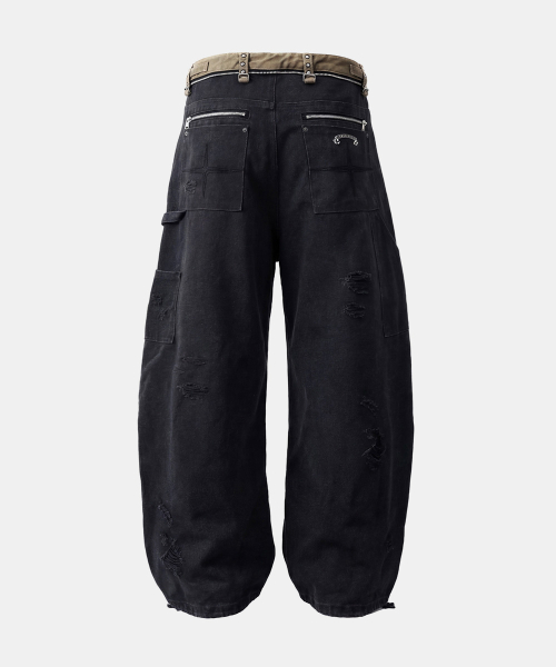 Studded Carpenter Curved Pants - Black - 스터디드 카펜터 커브드 팬츠 - 블랙