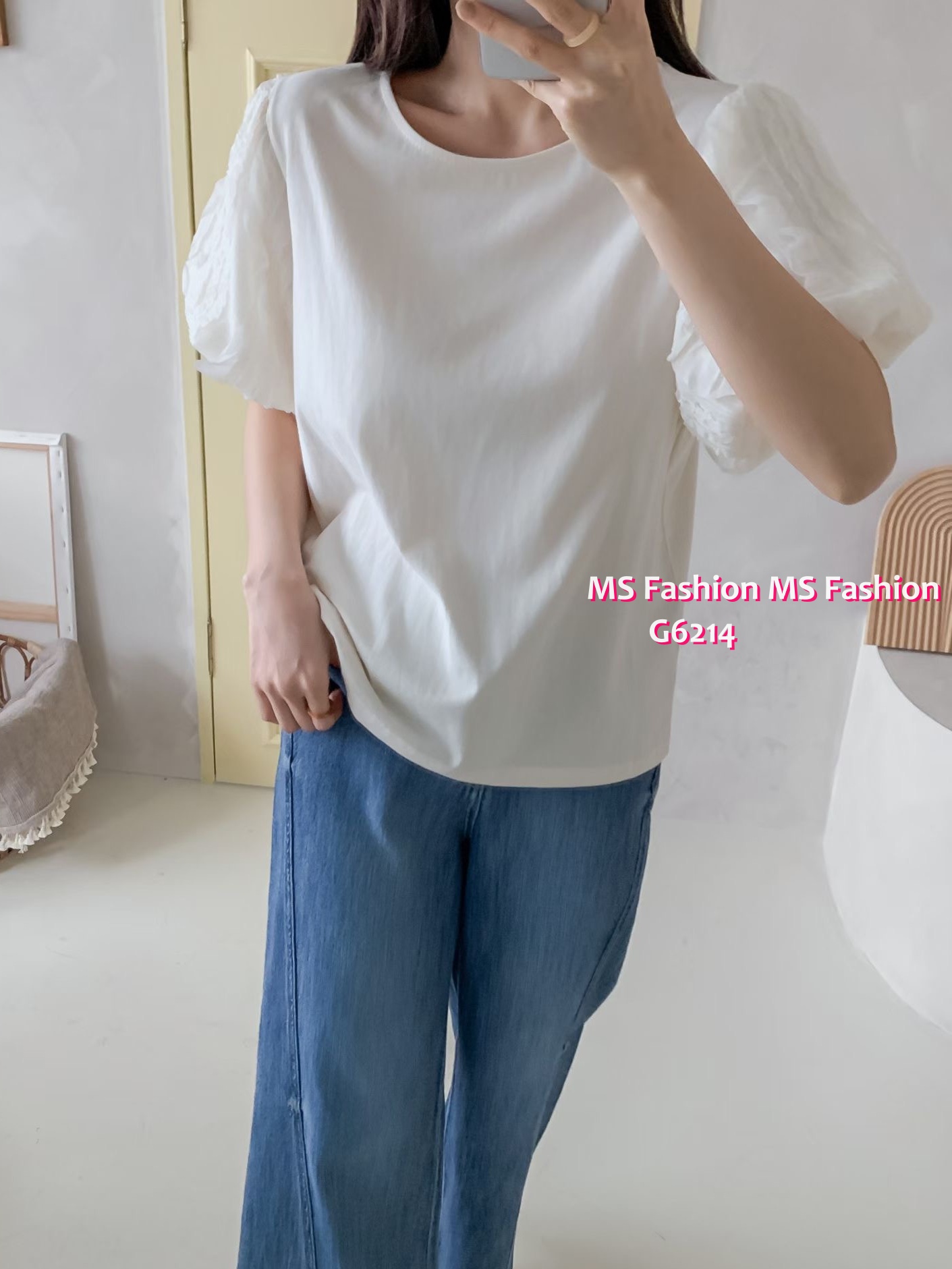 G6214 韓國🇰🇷淨色泡泡袖top