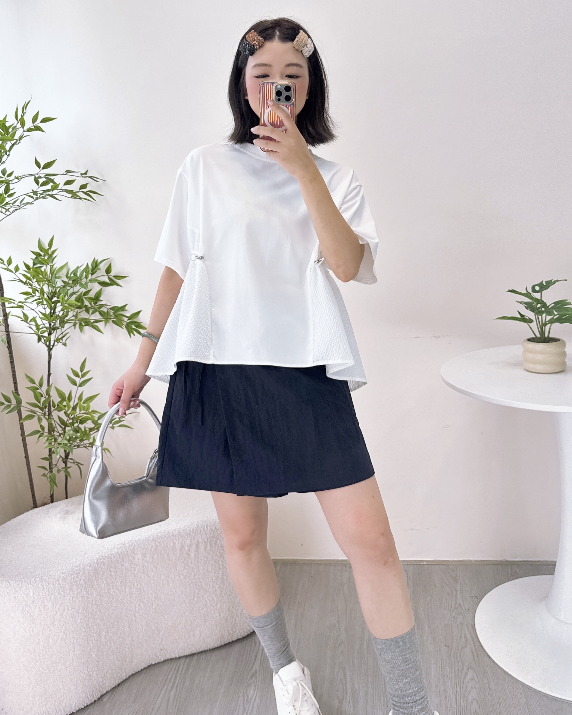 寬鬆側索繩拼布上衣 3色