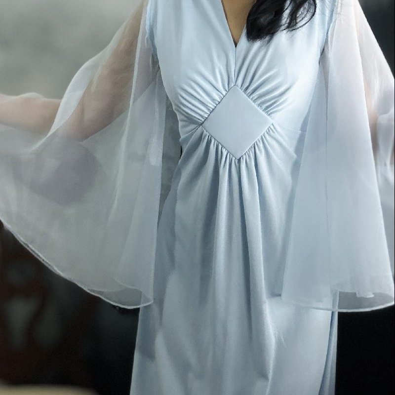 Rare! 1970s Powder Blue Chiffon "Angel Sleeves" Maxi Dress (MT2525）