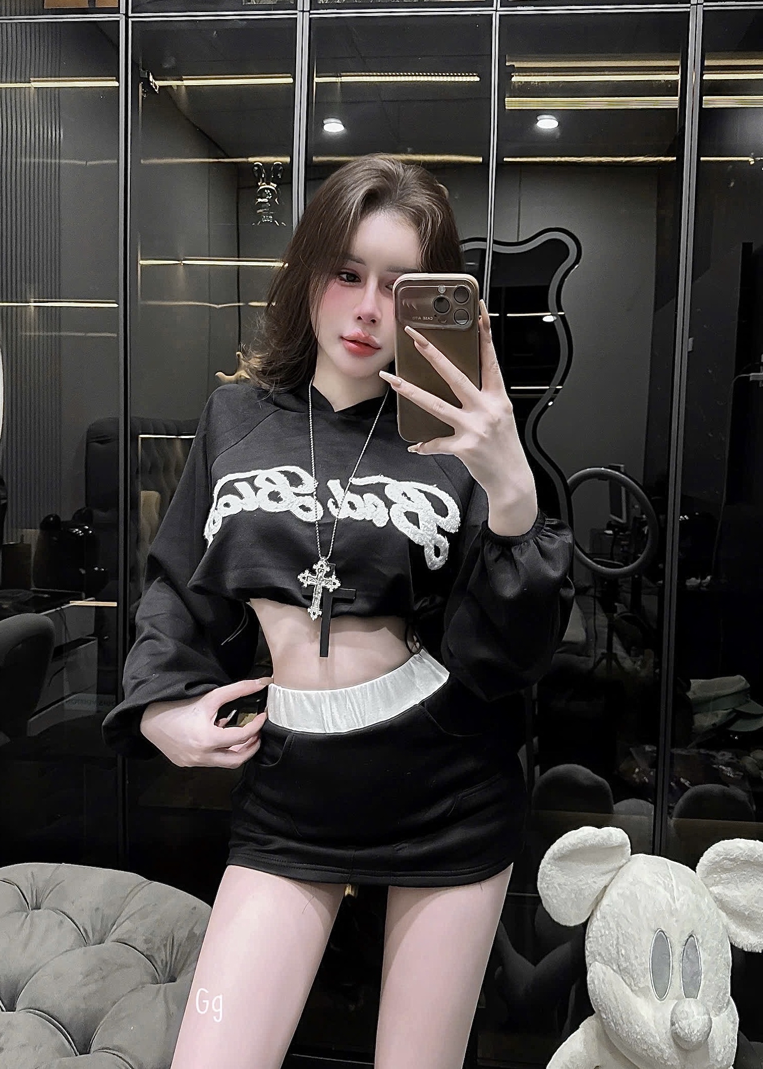 連帽衫长袖上衣+高腰短裙两件套