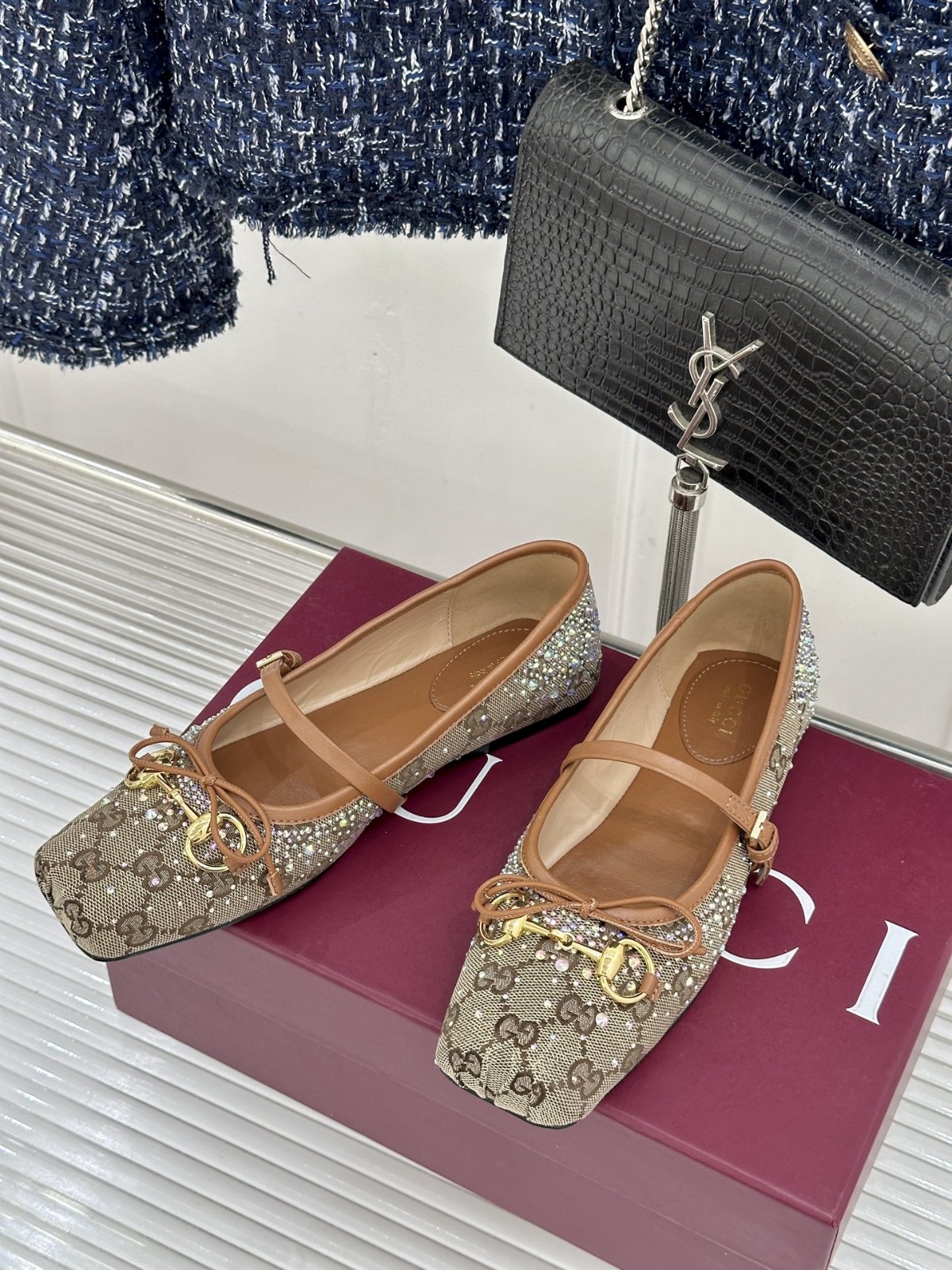 【原單】GUCCI GG Crystal Horsebit Ballet Flats 馬銜扣蝴蝶結彩鑽芭蕾鞋