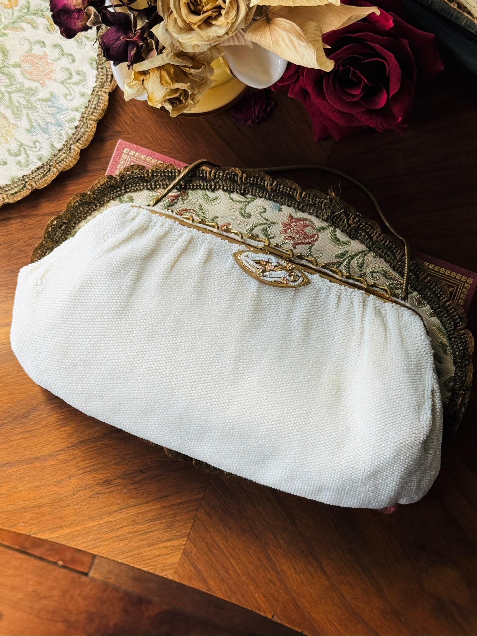 Vintage Mid-century Pastel Foliage Frame White Bead Bag- Likely Made in France (MT2647)