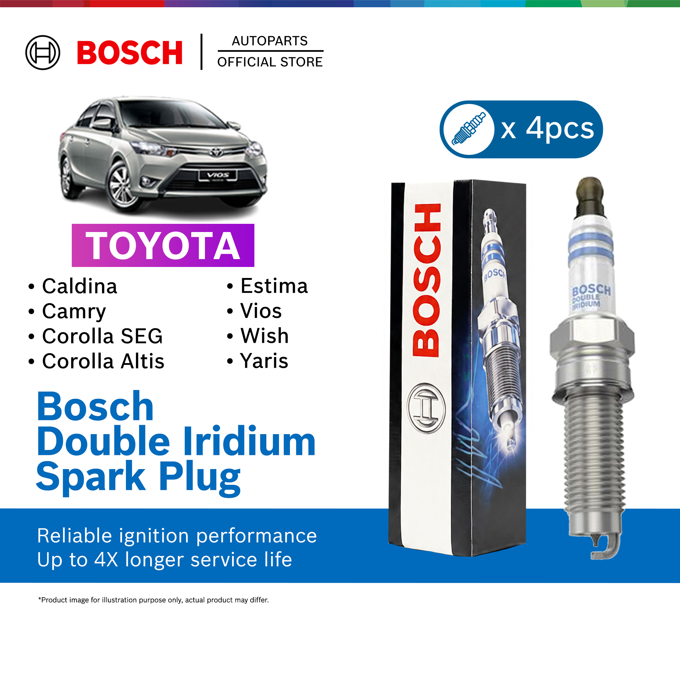 Bosch Double Iridium Spark Plug 4pcs TOYOTA Vios Camry Corolla Altis Yaris Estima Wish SEG Caldina