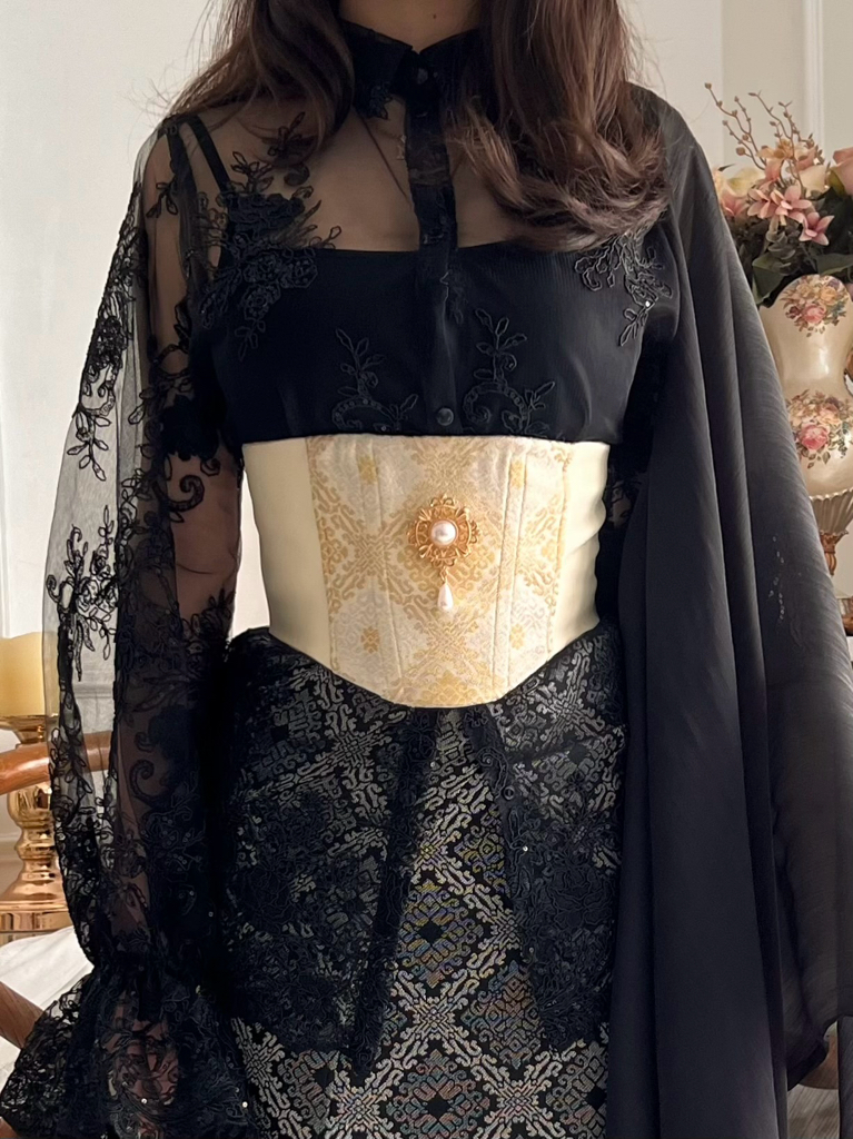 Songket Underbust Corset in Crème and Pareo Skirt in Black with Angel Blouse in Black