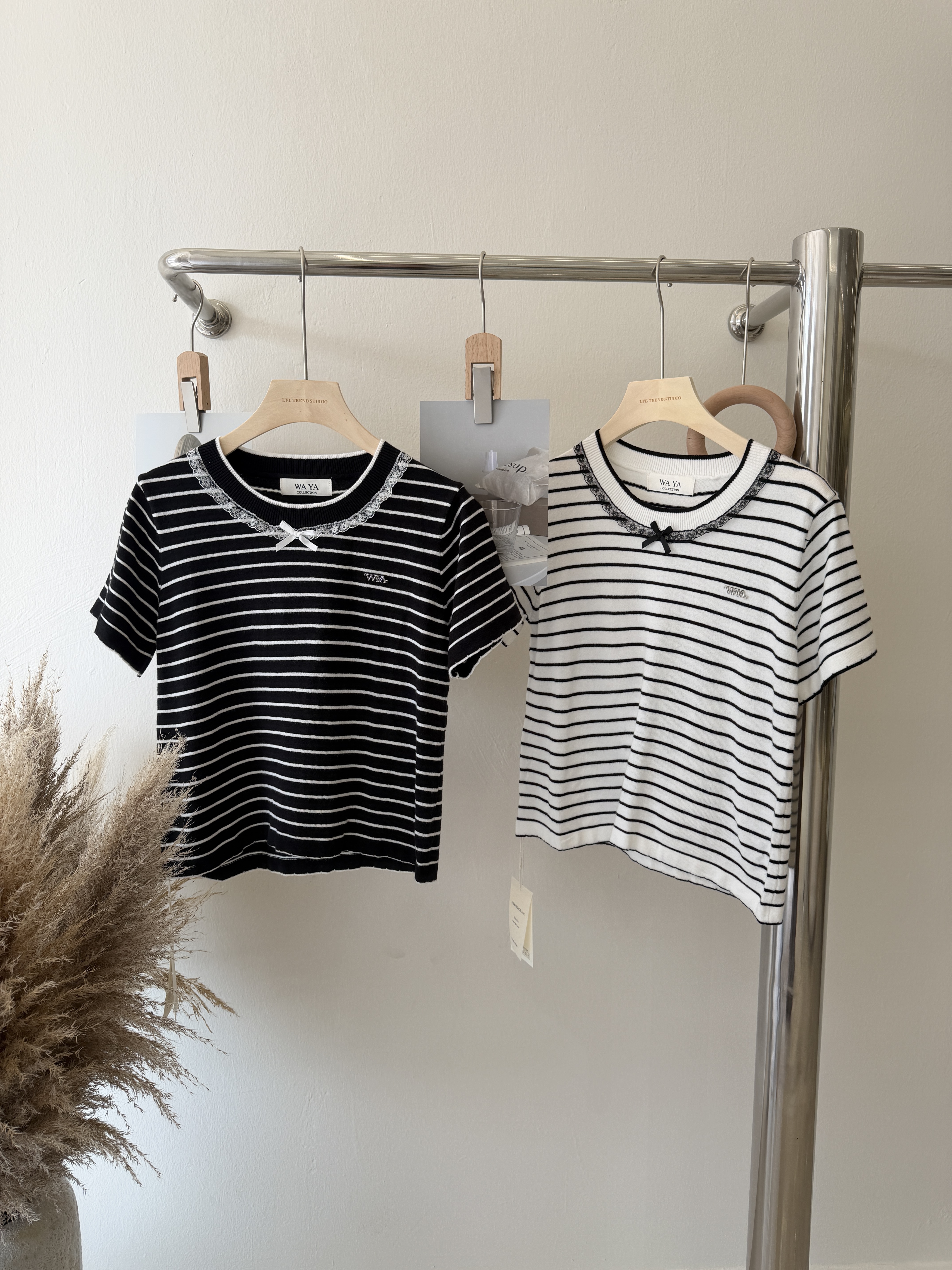 6523 纯欲蕾丝蝴蝶结条纹短袖