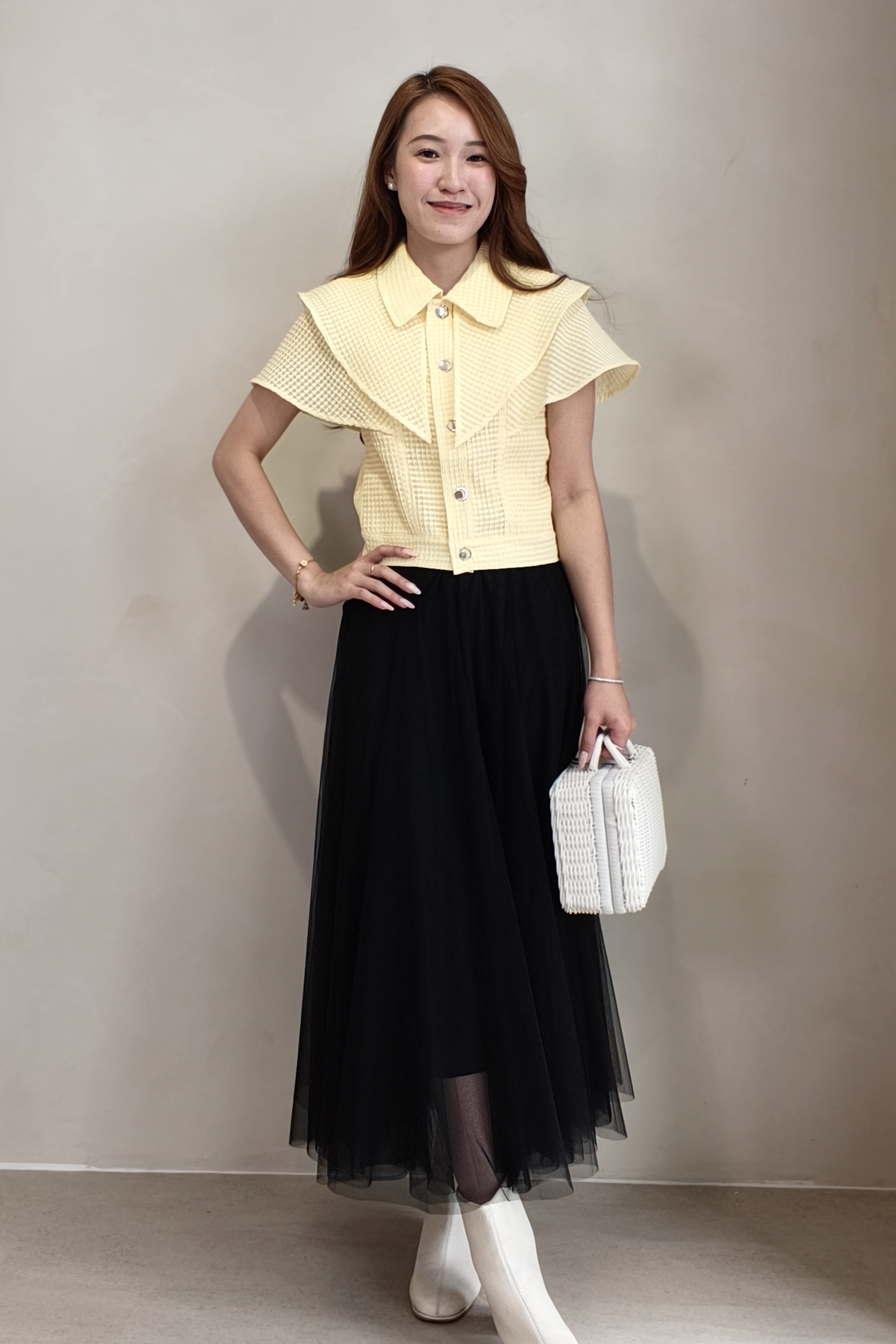 MF240313 Butter Yellow Cape Collar Textured Top