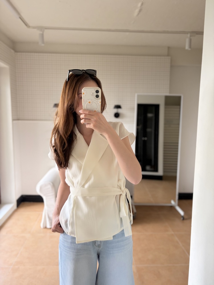 Silky Belted Wrap Blouse (Ivory)