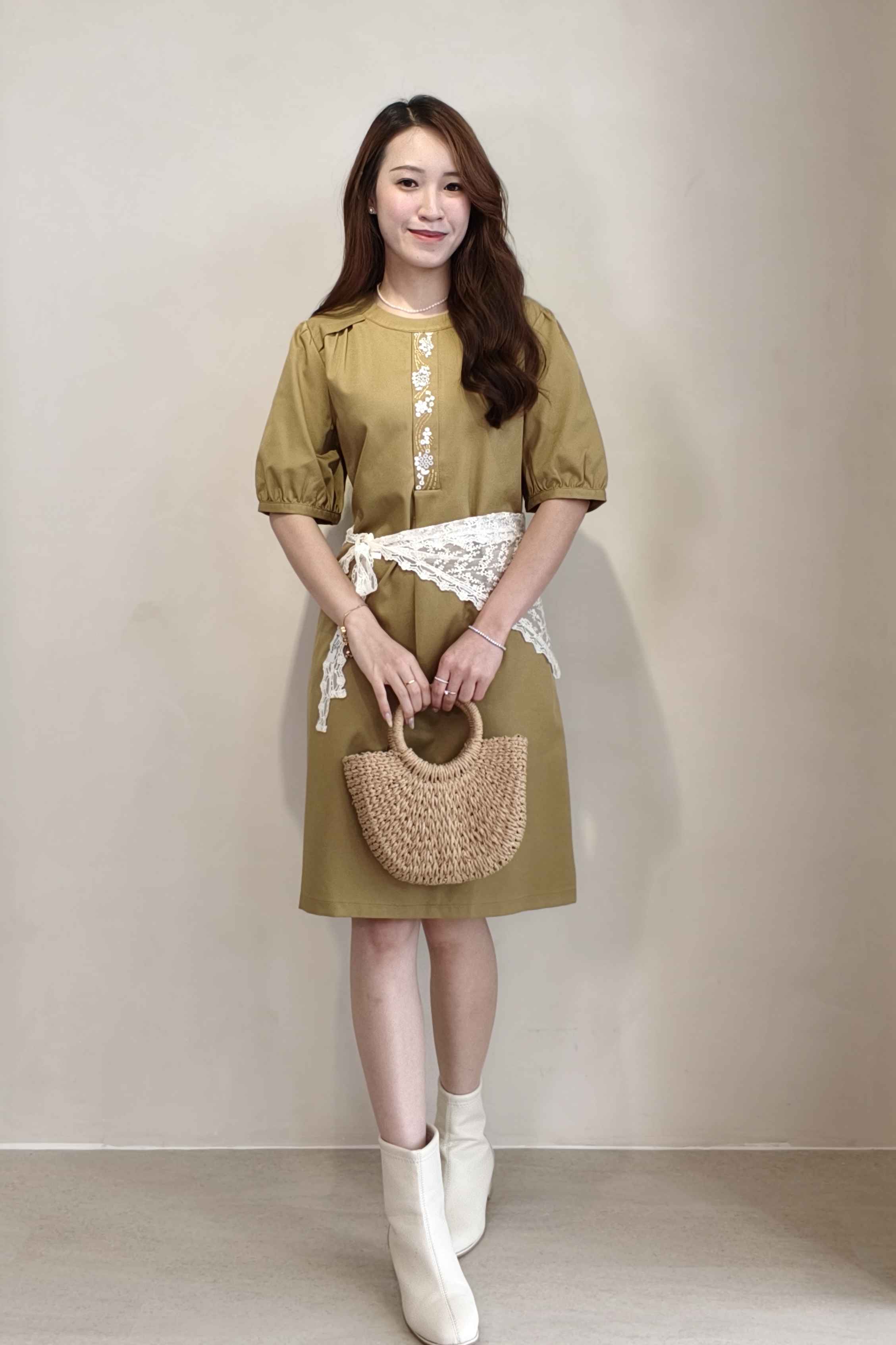 311231 Olive Lace Accent Shift Dress