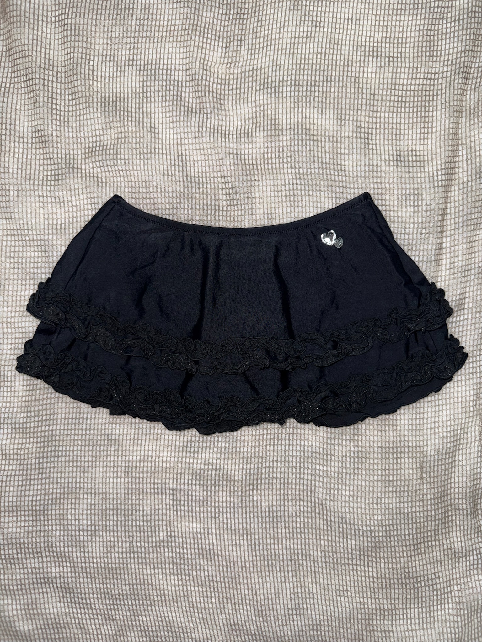 Rhinestone Heart Tiered Lace Trim Flouncy Mini Skirt