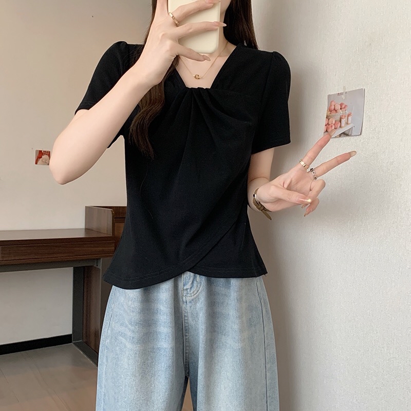 B382(21222) 韩版气质褶皱领边圆角交叉下摆5色上衣