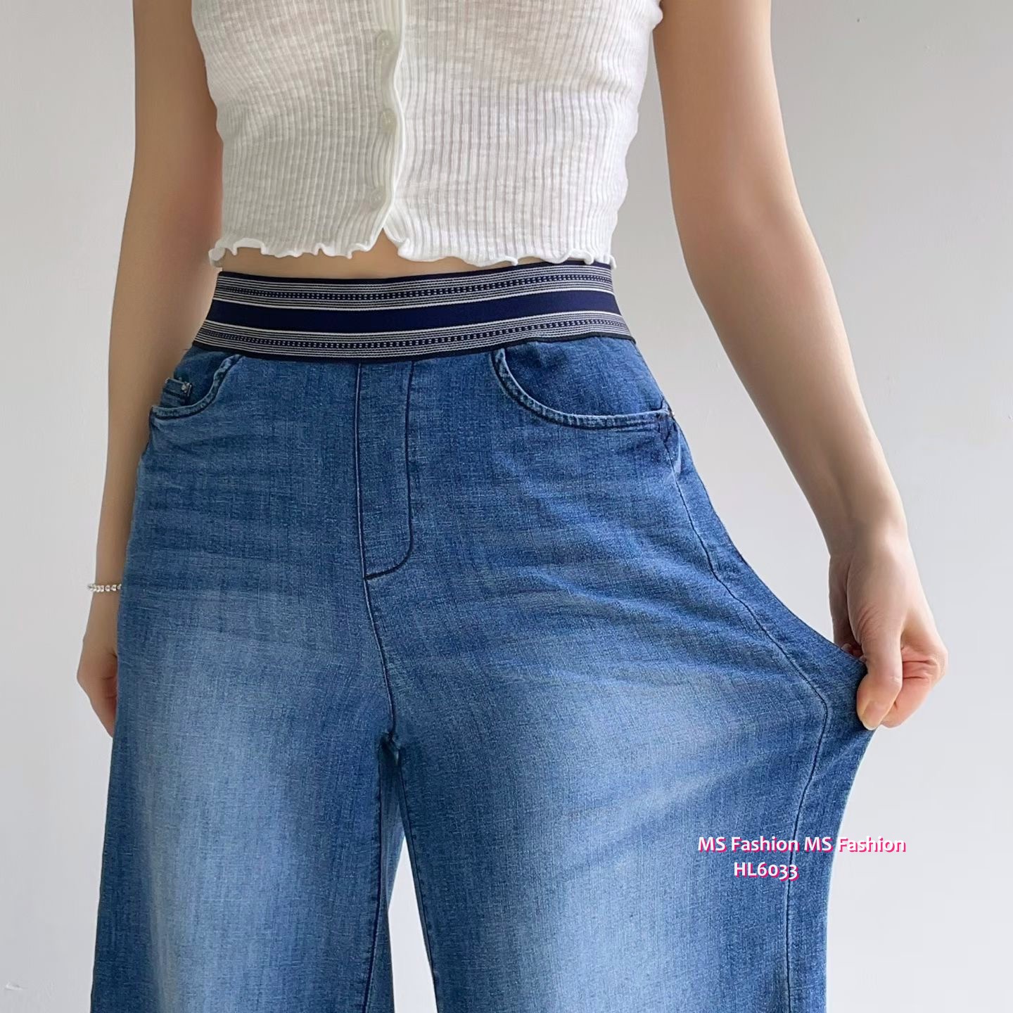 HL6033 韓國🌼Howluk拼色橡筋腰闊筒牛